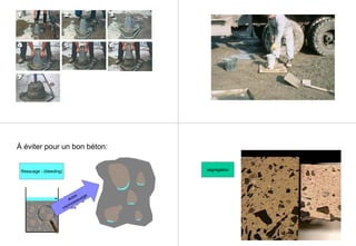 À éviter pour un bon béton:
Ressuage - (bleeding)
Emergence
d’un couche
d’eau en
surface
aussi
microressuage
ségrégation
 