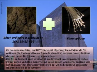 Ce nouveau matériau du XXIèmesiècle est obtenu grâce à l'ajout de fils
optiques (de 2 micromètres à 2 mm de diamètre) de verre ou en plastique
dans un béton fin (ciment + granulats fins).
Ces fils se fondent avec le béton et en devenant un composant invisible
ce qui donne un béton moderne qui laisse passer la lumière, quelque soit
son épaisseur (les murs pourraient être de 20 m d'épaisseur sans perte
de transmission de la lumière).
Béton ordinaire a granulat fin
1C+1.5E+2S + 3G
Fibre optique
 