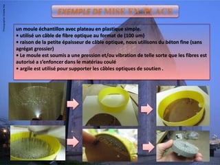 EXEMPLE DE MISE EN PLACE
un moule échantillon avec plateau en plastique simple.
• utilisé un câble de fibre optique au format de (100 um)
• raison de la petite épaisseur de câble optique, nous utilisons du béton fine (sans
agrégat grossier)
• Le moule est soumis a une pression et/ou vibration de telle sorte que les fibres est
autorisé a s’enfoncer dans le matériau coulé
• argile est utilisé pour supporter les câbles optiques de soutien .
 