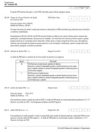 V/f V/f com PG
VetorialMalha
Aberta
Vetorial de
Fluxo
44 VS-616G5 Manual de Instalação e Programação
O ajuste PID realiza bias para o valor PID calculado, para reduzir qualquer ajuste.
Faixa de Ajuste: 0.0 a 100.0%
Padrão de Fábrica: 100.0%
O tempo de atraso de saída é usado para atrasar as alterações no PID calculado que pode prevenir oscilações
e melhorar estabilidade.
Os parâmetros B5-04 e B5-06 até B5-08 são pré-fixados na fábrica em valores ótimos para a maioria das
aplicações, conseqüentemente, não precisa ser mudado. Ao sintonizar um sistema, primeiro ajuste o ganho
proporcional até as oscilações serem reduzidas. Então ajuste o tempo integral de forma que a divergência
mínima seja alcançada tão depressa quanto possível, sem oscilações. Finalmente, ajuste o tempo derivado
para reduzir qualquer overshoot na partida.
A saída do PID para o controle do inversor pode ser positiva ou negativa.
Faixa de Ajuste: 0.0 a 25.0
Padrão de Fábrica: 1.0
Este parâmetro ajusta o ganho da saída do PID. A saída do PID pode ser monitorada pelos parâmetros U1-37
Monitor da Saída do PID. Ver Diagrama de Blocos do PID Figura 9.
Este parâmetro é usado quando o motor é requesitado para mudar de direção durante a operação PID em res-
posta ao sinal de saída do PID negativo. A saída do PID pode ser monitorada usando o parâmetro U1-37
Monitor de Saída do PID.
B5-08 Tempo de Atraso Primário da Saída
de Controle PID
PID Delay Time
A A A A
B5-09 Seleção de Saída PID <1110> Output Level Sel A A A A
Ajuste Descrição
0 PID Normal ou Saída Avante (padrão de fábrica)
Aumenta a variável manipulafda quando a variável do processo for maior
que o setpoint e diminui a variável manipulada quando a variável do proces-
so for menor setpoint.
1 PID Reverso ou Saída Inversa
Aumenta a variável manipulada quando a variável do processo for menor
que o setpoint e diminui a variável manipulada quando a variável do proces-
so for maior que o setpoint.
B5-10 Ganho da Saída PID <1110> Output Gain A A A A
B5-11 Saída PID Reverso <1110> Output Rev Sel A A A A
Programação
B5 - Controle PID
 