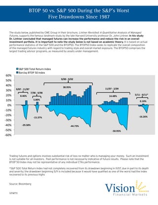 BTOP 50 vs. S&P 500 During the S&P’s Worst
                        Five Drawdowns Since 1987

The study below, published by CME Group in their brochure, Lintner Revisited: A Quantitative Analysis of Managed
Futures, supports the famous landmark study by the late Harvard University professor Dr. John Lintner. In his study
Dr. Lintner concluded that managed futures can increase the performance and reduce the risk in an overall
investment portfolio. It is important to note the study below is not based on academic theory. It is based on actual
performance statistics of the S&P 500 and the BTOP50. The BTOP50 Index seeks to replicate the overall composition
of the managed futures industry with regard to trading style and overall market exposure. The BTOP50 comprises the
largest trading advisor programs, as measured by assets under management.




Trading futures and options involves substantial risk of loss no matter who is managing your money. Such an investment
is not suitable for all investors. Past performance is not necessarily indicative of future results. Please note that the
BTOP 50 Index may not be representative of any individual CTAs performance.

*S&P 500 Total Return Index had not completely recovered from its drawdown beginning in 11/07, due in part to its depth
and severity; the drawdown beginning 5/11 is included because it would have qualified as one of the worst had the index
recovered to its previous highs


Source: Bloomberg


VFM711
 