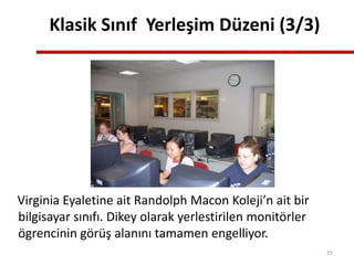 Virginia Eyaletine ait Randolph Macon Koleji’n ait bir
bilgisayar sınıfı. Dikey olarak yerlestirilen monitörler
ögrencinin görüş alanını tamamen engelliyor.
Klasik Sınıf Yerleşim Düzeni (3/3)
35
 