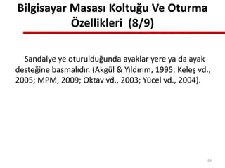 Bilgisayar Masası Koltuğu Ve Oturma
Özellikleri (8/9)
Sandalye ye oturulduğunda ayaklar yere ya da ayak
desteğine basmalıdır. (Akgül & Yıldırım, 1995; Keleş vd.,
2005; MPM, 2009; Oktav vd., 2003; Yücel vd., 2004).
68
 