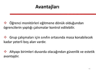 Avantajları
 Öğrenci monitörleri eğitmene dönük olduğundan
ögrencilerin yaptığı çalısmalar kontrol edilebilir.
 Grup çalışmaları için sınıfın ortasında masa konabilecek
kadar yeterli boş alan vardır.
 Altyapı birimleri duvarda olacağından güvenlik ve estetik
avantajdır.
42
 