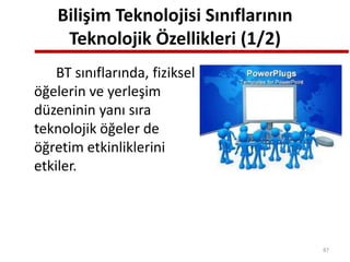 Bilişim Teknolojisi Sınıflarının
Teknolojik Özellikleri (1/2)
BT sınıflarında, fiziksel
öğelerin ve yerleşim
düzeninin yanı sıra
teknolojik öğeler de
öğretim etkinliklerini
etkiler.
87
 