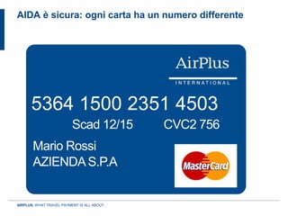 AIDA è sicura: ogni carta ha un numero differente




      5364 1500 2351 4503
                          Scad 12/15         CVC2 756
       Mario Rossi
       AZIENDA S.P.A


AIRPLUS. WHAT TRAVEL PAYMENT IS ALL ABOUT.
 
