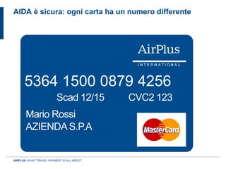 AIDA è sicura: ogni carta ha un numero differente




      5364 1500 0879 4256
                          Scad 12/15         CVC2 123
       Mario Rossi
       AZIENDA S.P.A


AIRPLUS. WHAT TRAVEL PAYMENT IS ALL ABOUT.
 