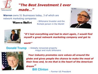 “The Best Investment I ever
            made…”
Warren owns 51 Businesses today, 3 of which are
network marketing companies
                             - Billionaire Investor and the
       Warren Buffet         Richest person in the World!




                 “If I lost everything and had to start again, I would find
                 myself a great network marketing company and get to

                 work!”

  Donald Trump       – Globally renowned property
                           mogul and multi billionaire

                   “Your industry promotes core values all around the
                   globe and gives people the chance to make the most of
                   their lives and, to me that is the heart of the American

                   dream”
                          Bill Clinton
                                          – Former US President
 