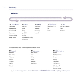Menu map
12 Menu map
If you experience any problems, please call the Helpline on 0800 218 2182* or email bt.helpdesk@vtecheurope.com
Answer Machine
Play messages
Delete messages
Answer On/ Off
Record memo
Outgoing message
Answer Settings
Settings
Date/Time
Sounds
Display
Speed dial
Dial mode
Auto Prefix (PBX access)
Default reset
Calls list
Show details
Save entry
Delete entry
Delete all
Appointments
Appointment 1-5
Edit
Delete
Alarm
Mon to Fri/Daily/Off
Time
Ringtone
Phonebook
New entry
Show details
Delete entry
Edit entry
Call group
SIM copy
Delete all
Text messages
Write message
Inbox
Drafts
Outbox
Templates
Text settings
BT Calling Features
Helpdesk
Directory enquiries
Divert on
Divert off
Check divert
Call waiting on
Call waiting off
Check call waiting
The following menus can be accessed by pressing the relevant button:
 