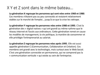 X Y et Z sont dans le même bateau…
La génération X regroupe les personnes qui sont nées entre 1960 et 1980.
Ces membres n’étaient pas ou peu connectés et restaient relativement
stables sur le marché de l’emploi… jusqu’à ce que la crise les rattrape.
La génération Y regroupe les personnes nées entre 1980 et 1995. C’est la
génération des « digital natives » qui ont grandi au même rythme que le
réseau internet et l’accès aux ordinateurs. Cette génération remet en cause
les modèles de management, la vie politique, la manière de consommer et
elle privilégie l’entreprenariat au salariat.
La génération Z regroupe les personnes nées après 1995. Elle est aussi
appelée génération C (Communication, Collaboration et Création). Ces
membres ont grandi avec la technologie, mais surtout avec le Web Social.
C’est une génération connectée en permanence, qui ne comprend pas la
« communication verticale » qui existe au sein de l’entreprise.
 