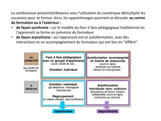 La combinaison présentiel/distance avec l'utilisation du numérique démultiplie les
occasions pour se former. Ainsi, les apprentissages pourront se dérouler au centre
de formation ou à l'extérieur :
• de façon synchrone : sur le modèle du face à face pédagogique traditionnel où
l'apprenant se forme en présence du formateur
• de façon asynchrone : où l'apprenant est en autoformation, avec des
interactions et un accompagnement du formateur qui ont lieu en "différé".
 
