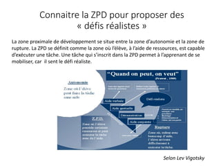 Connaitre la ZPD pour proposer des
« défis réalistes »
La zone proximale de développement se situe entre la zone d’autonomie et la zone de
rupture. La ZPD se définit comme la zone où l’élève, à l’aide de ressources, est capable
d’exécuter une tâche. Une tâche qui s’inscrit dans la ZPD permet à l’apprenant de se
mobiliser, car il sent le défi réaliste.
Selon Lev Vigotsky
 