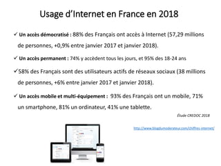 Usage d’Internet en France en 2018
 Un accès démocratisé : 88% des Français ont accès à Internet (57,29 millions
de perso...