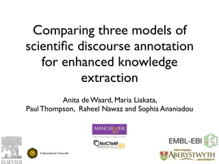 Comparing three models of
scientiﬁc discourse annotation
   for enhanced knowledge
           extraction
          Anita de Waard, Maria Liakata,
Paul Thompson, Raheel Nawaz and Sophia Ananiadou
 