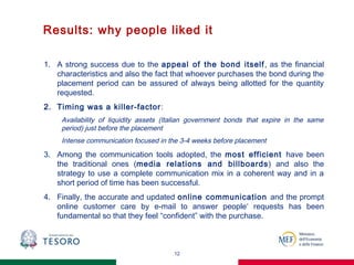 Results: why people liked it
12
1. A strong success due to the appeal of the bond itself, as the financial
characteristics and also the fact that whoever purchases the bond during the
placement period can be assured of always being allotted for the quantity
requested.
2. Timing was a killer-factor:
Availability of liquidity assets (Italian government bonds that expire in the same
period) just before the placement
Intense communication focused in the 3-4 weeks before placement
3. Among the communication tools adopted, the most efficient have been
the traditional ones (media relations and billboards) and also the
strategy to use a complete communication mix in a coherent way and in a
short period of time has been successful.
4. Finally, the accurate and updated online communication and the prompt
online customer care by e-mail to answer people‘ requests has been
fundamental so that they feel “confident” with the purchase.
 