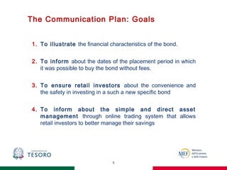 The Communication Plan: Goals
1. To illustrate the financial characteristics of the bond.
2. To inform about the dates of the placement period in which
it was possible to buy the bond without fees.
3. To ensure retail investors about the convenience and
the safety in investing in a such a new specific bond
4. To inform about the simple and direct asset
management through online trading system that allows
retail investors to better manage their savings
5
 