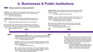 Cloud service improvement:
b. Businesses & Public Institutions
2017
Hewlett-Packard - Design, deploy and implement data analytics consulting
solutions → Leading to an application improvement in response time by
33% for RI-solution
● Prescriptive analytics (internal & external)
Telefonica - It has a simple web services interface (API) that can be used
to store and retrieve any amount of data, at any time, from anywhere on
the web → Resulted in a high return in investment
● Predictive analytics (internal & external)
BT - Becomes the first global network services provider to offer direct
access to the Oracle cloud → Cutting the typical dedicated connection
deployment time from months to days
● Cloud computing (internal & external)
2014
Vodafone x Argyle Data - combat fraud → $4.5m additional funding to help
companies detect and combat fraud through real-time analytics which can be
accessed as soon as data enter the system
● Predictive analytics (internal)
Cloudera - Provide an open source big data analytics framework (Apache
Spark) to support in-memory processing → Perform significantly 10 - 100x
faster than MapReduce
● Prescriptive analytics (internal)
BT - Announces the “Cloud of Clouds”, the first ever integration between
different cloud providers, third party services, analytics solutions, customer
data centres and customer users together with the BT Network.
2012
Dell Cloud - Customization of cloud deployment (build, manage, use, consult) →
They cut deployment time by 80% compared to Cisco; cut operating cost;
respond faster to business demand
● Predictive analytics (internal)
Hewlett-Packard - Speeds the deployment of application-based services →
They decreased spam by 70% and increased administrator efficiency up to
33%
● Descriptive analytics (internal & external) + Cloud computing
BT - Expansion of data centre capacity in the Benelux with a new facility in
Rotterdam which supported Microsoft Lync and Cisco’s Hosted Collaboration
Solution (HCS) → Increased IT services capacity in the Benelux region by 50%
● Predictive analytics (internal)
2022
BT is currently one of the leaders in Cloud services (“Cloud
of Clouds”). Nevertheless, they don’t have a Data Lake that
could allow them to systematically analyse their customers’
data. Together with external data, and Outside Insights, they
could potentially offer a better service. In the future, they
could also include IoT data analysis.
- The data lakes market size is expected to grow
from USD 2.53 Billion in 2016 to USD 8.81 Billion
by 2021, at a Compound Annual Growth Rate
(CAGR) of 28.3% during the forecast period.
 