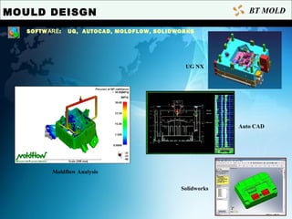 MOULD DEISGN
SOFTWARE: UG, AUTOCAD, MOLDFLOW, SOLIDWORKS
Solidworks
Moldflow Analysis
BT MOLD
Auto CAD
UG NX
 