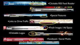 •Clickable RSS Feed Reader



                            •Special Features

•Links to Drive Trafﬁc

                          •Fresh Images / Ad Space
 •Clickable Logos

                         •Facebook / Social Media
 