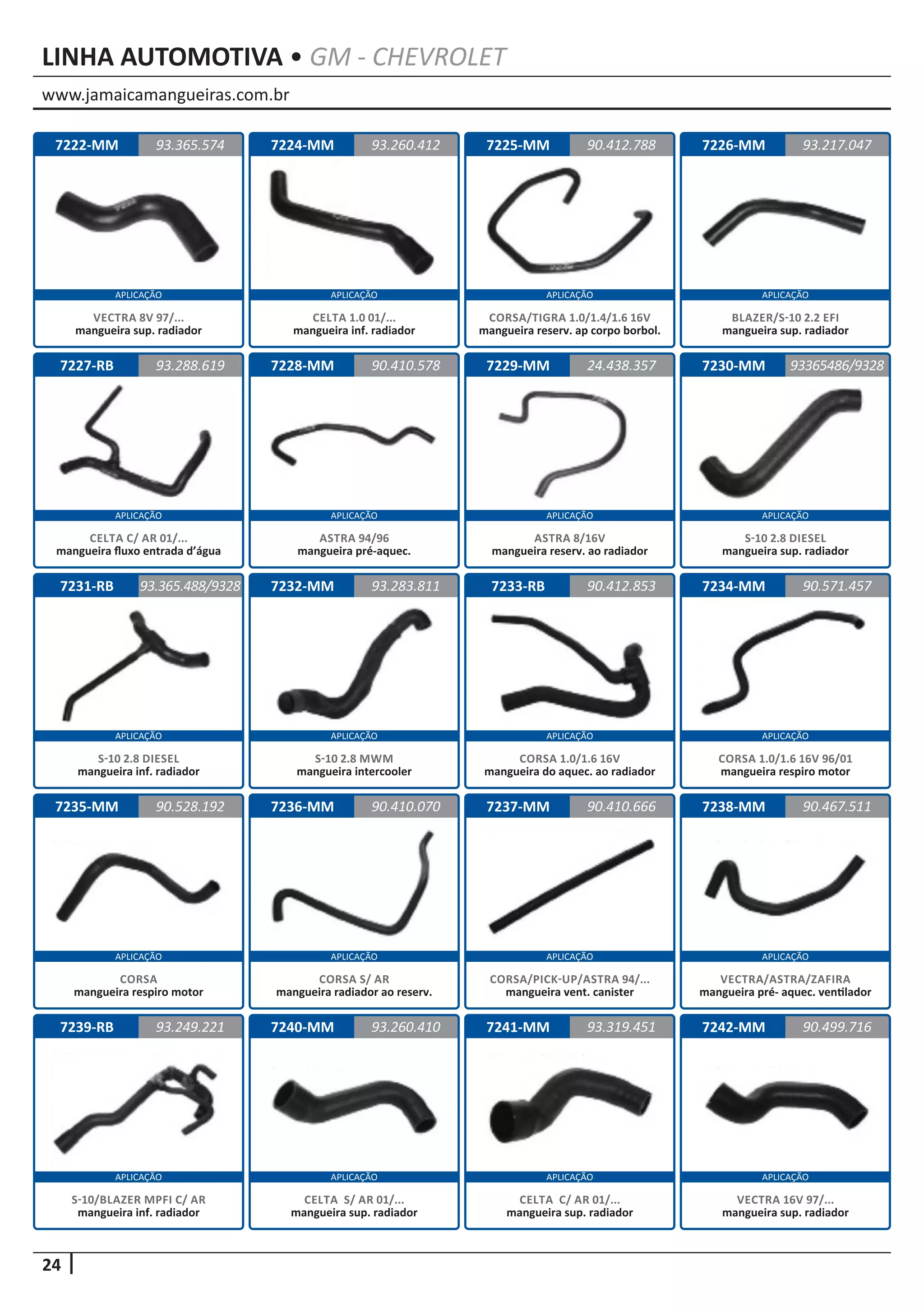 www.jamaicamangueiras.com.br
APLICAÇÃO APLICAÇÃO APLICAÇÃO APLICAÇÃO
APLICAÇÃO APLICAÇÃO APLICAÇÃO APLICAÇÃO
APLICAÇÃO APLICAÇÃO APLICAÇÃO APLICAÇÃO
APLICAÇÃO APLICAÇÃO APLICAÇÃO APLICAÇÃO
APLICAÇÃO APLICAÇÃO APLICAÇÃO APLICAÇÃO
24
LINHA AUTOMOTIVA • GM - CHEVROLET
7222-MM
7227-RB
7231-RB
7235-MM
7239-RB
7224-MM
7228-MM
7232-MM
7236-MM
7240-MM
7225-MM
7229-MM
7233-RB
7237-MM
7241-MM
7226-MM
7230-MM
7234-MM
7238-MM
7242-MM
93.365.574
93.288.619
93.365.488/9328
90.528.192
93.249.221
93.260.412 93.217.047
90.410.578
93.283.811
90.410.070
93.260.410
90.412.788
24.438.357
90.412.853
90.410.666
93.319.451
93365486/9328
90.571.457
90.467.511
90.499.716
VECTRA 8V 97/...
mangueira sup. radiador
CELTA C/ AR 01/...
mangueira fluxo entrada d’água
S-10 2.8 DIESEL
mangueira inf. radiador
CORSA
mangueira respiro motor
S-10/BLAZER MPFI C/ AR
mangueira inf. radiador
CELTA 1.0 01/...
mangueira inf. radiador
ASTRA 94/96
mangueira pré-aquec.
S-10 2.8 MWM
mangueira intercooler
CORSA S/ AR
mangueira radiador ao reserv.
CELTA S/ AR 01/...
mangueira sup. radiador
CORSA/TIGRA 1.0/1.4/1.6 16V
mangueira reserv. ap corpo borbol.
ASTRA 8/16V
mangueira reserv. ao radiador
CORSA 1.0/1.6 16V
mangueira do aquec. ao radiador
CORSA/PICK-UP/ASTRA 94/...
mangueira vent. canister
CELTA C/ AR 01/...
mangueira sup. radiador
BLAZER/S-10 2.2 EFI
mangueira sup. radiador
S-10 2.8 DIESEL
mangueira sup. radiador
CORSA 1.0/1.6 16V 96/01
mangueira respiro motor
VECTRA/ASTRA/ZAFIRA
mangueira pré- aquec. ventilador
VECTRA 16V 97/...
mangueira sup. radiador
 