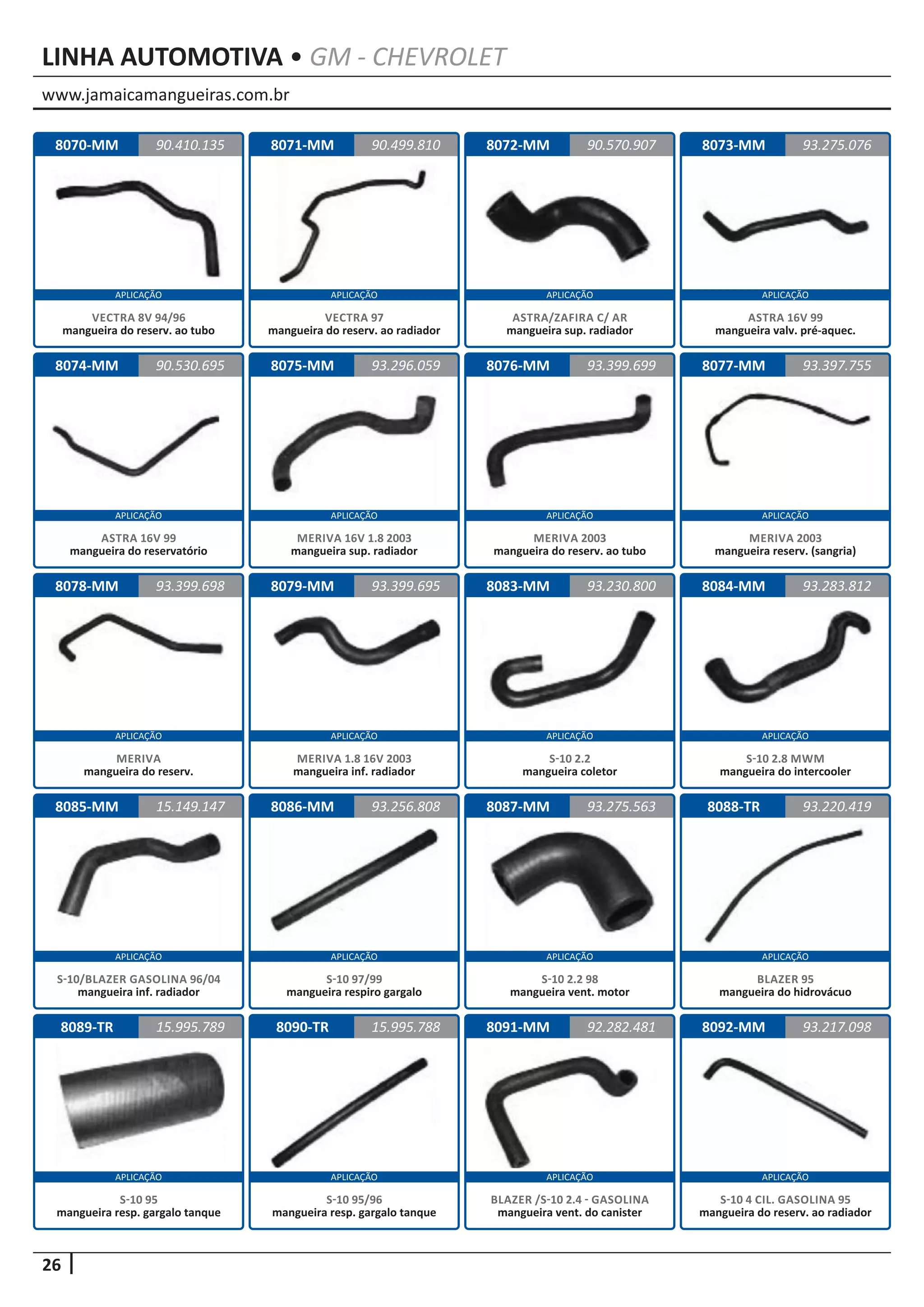 www.jamaicamangueiras.com.br
APLICAÇÃO APLICAÇÃO APLICAÇÃO APLICAÇÃO
APLICAÇÃO APLICAÇÃO APLICAÇÃO APLICAÇÃO
APLICAÇÃO APLICAÇÃO APLICAÇÃO APLICAÇÃO
APLICAÇÃO APLICAÇÃO APLICAÇÃO APLICAÇÃO
APLICAÇÃO APLICAÇÃO APLICAÇÃO APLICAÇÃO
26
LINHA AUTOMOTIVA • GM - CHEVROLET
8070-MM
8074-MM
8078-MM
8086-MM
8071-MM
8075-MM
8079-MM 8083-MM
8087-MM
8072-MM
8076-MM
8084-MM
8088-TR
8073-MM
8077-MM
8085-MM
8089-TR
90.410.135
90.530.695
93.399.698
93.256.808
90.499.810 93.275.076
93.296.059
93.399.695 93.230.800
93.275.563
90.570.907
93.399.699
93.283.812
93.220.419
93.397.755
15.149.147
15.995.789
VECTRA 8V 94/96
mangueira do reserv. ao tubo
ASTRA 16V 99
mangueira do reservatório
MERIVA
mangueira do reserv.
S-10 97/99
mangueira respiro gargalo
VECTRA 97
mangueira do reserv. ao radiador
MERIVA 16V 1.8 2003
mangueira sup. radiador
MERIVA 1.8 16V 2003
mangueira inf. radiador
S-10 2.2
mangueira coletor
S-10 2.2 98
mangueira vent. motor
ASTRA/ZAFIRA C/ AR
mangueira sup. radiador
MERIVA 2003
mangueira do reserv. ao tubo
S-10 2.8 MWM
mangueira do intercooler
BLAZER 95
mangueira do hidrovácuo
ASTRA 16V 99
mangueira valv. pré-aquec.
MERIVA 2003
mangueira reserv. (sangria)
S-10/BLAZER GASOLINA 96/04
mangueira inf. radiador
S-10 95
mangueira resp. gargalo tanque
8090-TR 8091-MM 8092-MM15.995.788 92.282.481 93.217.098
S-10 95/96
mangueira resp. gargalo tanque
BLAZER /S-10 2.4 - GASOLINA
mangueira vent. do canister
S-10 4 CIL. GASOLINA 95
mangueira do reserv. ao radiador
 