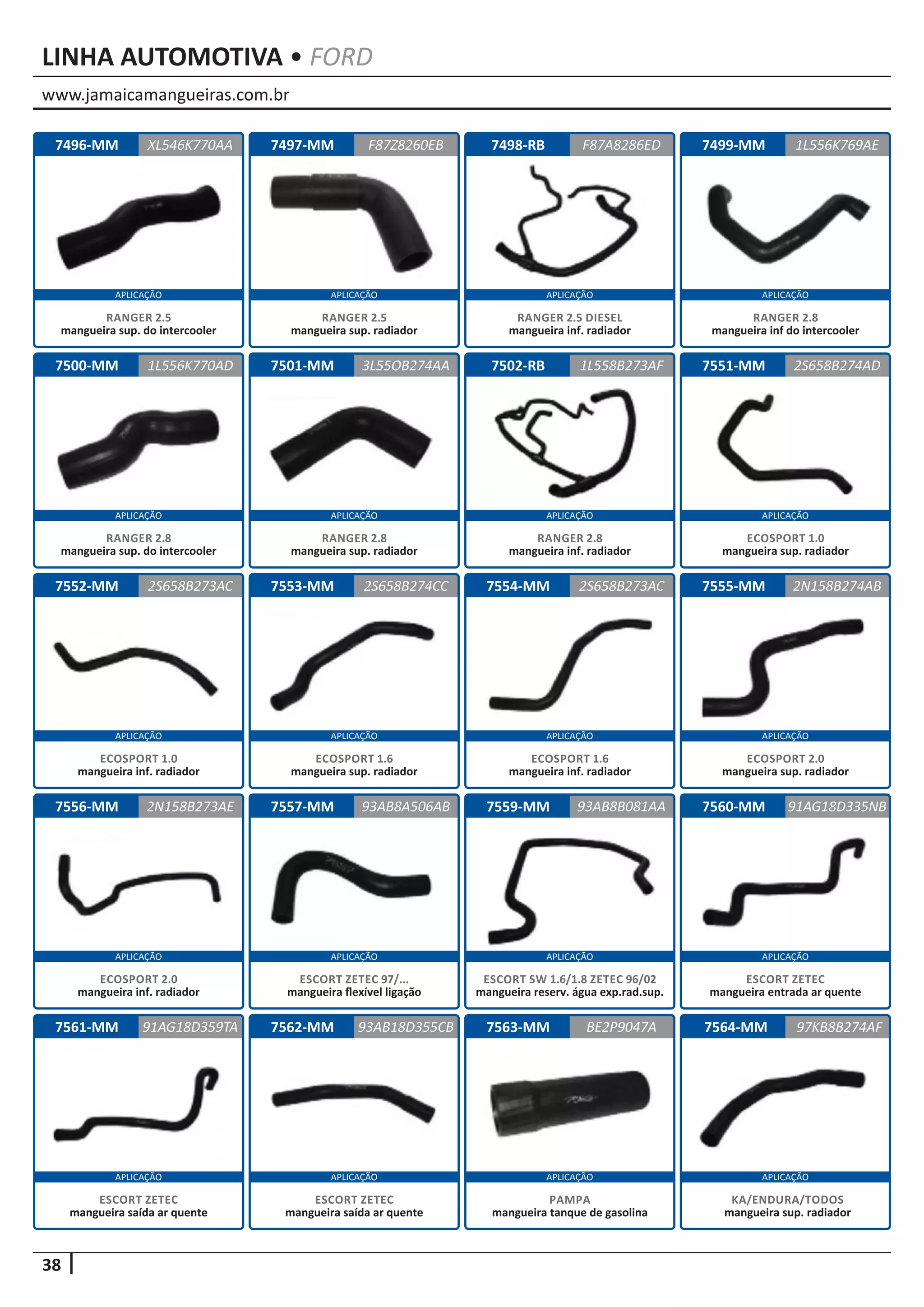 www.jamaicamangueiras.com.br
APLICAÇÃO APLICAÇÃO APLICAÇÃO APLICAÇÃO
APLICAÇÃO APLICAÇÃO APLICAÇÃO APLICAÇÃO
APLICAÇÃO APLICAÇÃO APLICAÇÃO APLICAÇÃO
APLICAÇÃO APLICAÇÃO APLICAÇÃO APLICAÇÃO
APLICAÇÃO APLICAÇÃO APLICAÇÃO APLICAÇÃO
38
LINHA AUTOMOTIVA • FORD
7496-MM
7500-MM
7552-MM
7556-MM 7560-MM
7497-MM
7501-MM
7553-MM
7557-MM
7561-MM
7498-RB
7502-RB
7554-MM
7562-MM
7499-MM
7551-MM
7555-MM
7559-MM
7563-MM
XL546K770AA
1L556K770AD
2S658B273AC
2N158B273AE 91AG18D335NB
F87Z8260EB 1L556K769AE
3L55OB274AA
2S658B274CC
93AB8A506AB
91AG18D359TA
F87A8286ED
1L558B273AF
2S658B273AC
93AB18D355CB
2S658B274AD
2N158B274AB
93AB8B081AA
BE2P9047A
RANGER 2.5
mangueira sup. do intercooler
RANGER 2.8
mangueira sup. do intercooler
ECOSPORT 1.0
mangueira inf. radiador
ECOSPORT 2.0
mangueira inf. radiador
ESCORT ZETEC
mangueira entrada ar quente
RANGER 2.5
mangueira sup. radiador
RANGER 2.8
mangueira sup. radiador
ECOSPORT 1.6
mangueira sup. radiador
ESCORT ZETEC 97/...
mangueira flexível ligação
ESCORT ZETEC
mangueira saída ar quente
RANGER 2.5 DIESEL
mangueira inf. radiador
RANGER 2.8
mangueira inf. radiador
ECOSPORT 1.6
mangueira inf. radiador
ESCORT ZETEC
mangueira saída ar quente
RANGER 2.8
mangueira inf do intercooler
ECOSPORT 1.0
mangueira sup. radiador
ECOSPORT 2.0
mangueira sup. radiador
ESCORT SW 1.6/1.8 ZETEC 96/02
mangueira reserv. água exp.rad.sup.
PAMPA
mangueira tanque de gasolina
7564-MM 97KB8B274AF
KA/ENDURA/TODOS
mangueira sup. radiador
 