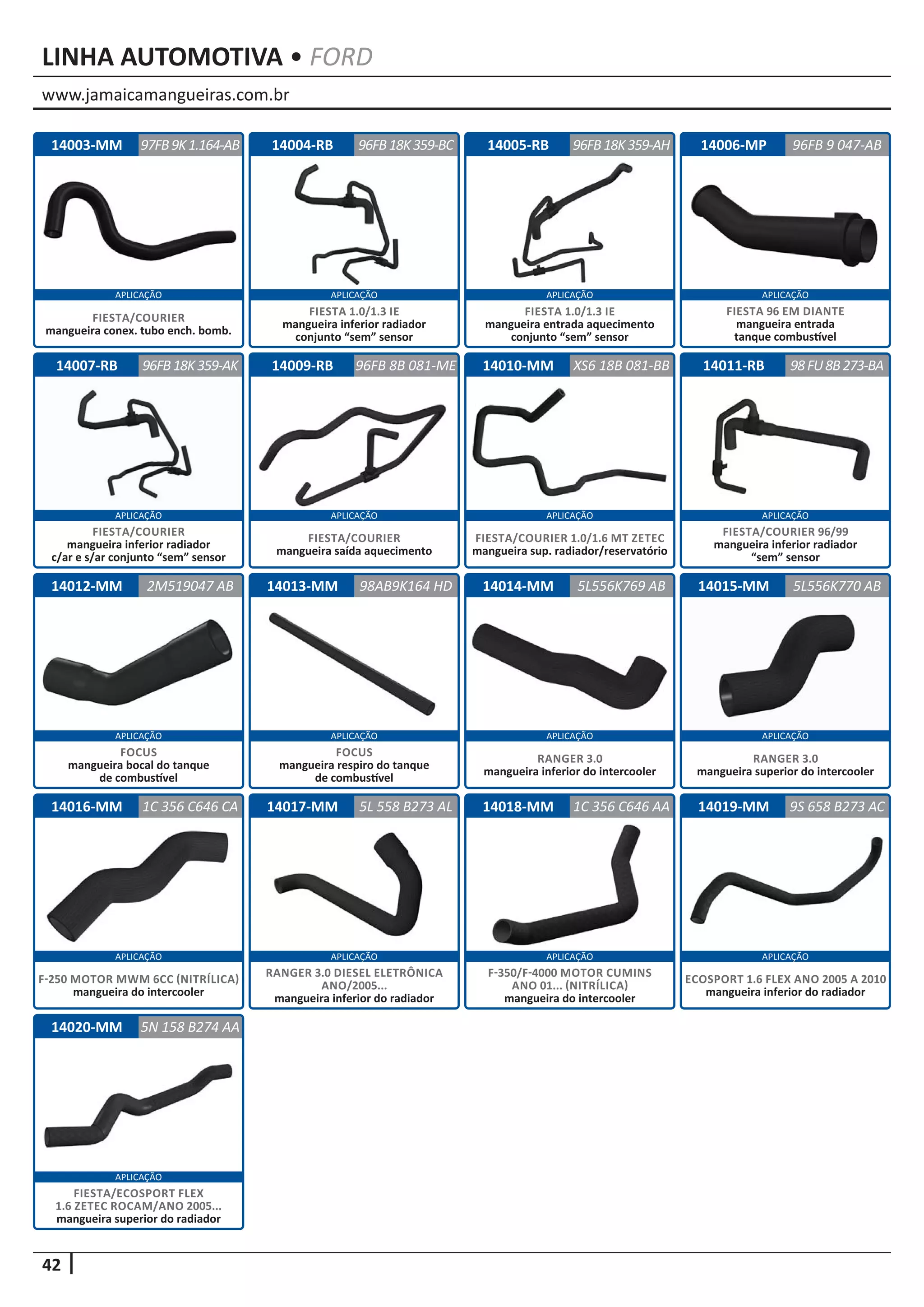 www.jamaicamangueiras.com.br
APLICAÇÃO APLICAÇÃO APLICAÇÃO APLICAÇÃO
APLICAÇÃO APLICAÇÃO APLICAÇÃO APLICAÇÃO
APLICAÇÃO APLICAÇÃO APLICAÇÃO APLICAÇÃO
APLICAÇÃO APLICAÇÃO APLICAÇÃO APLICAÇÃO
42
APLICAÇÃO
LINHA AUTOMOTIVA • FORD
14003-MM 14004-RB 14005-RB97FB9K1.164-AB 96FB18K359-BC 96FB18K359-AH
FIESTA/COURIER
mangueira conex. tubo ench. bomb.
FIESTA 1.0/1.3 IE
mangueira inferior radiador
conjunto “sem” sensor
FIESTA 1.0/1.3 IE
mangueira entrada aquecimento
conjunto “sem” sensor
14006-MP
14011-RB
14015-MM
14019-MM
14007-RB
14012-MM
14016-MM
14020-MM
14009-RB
14013-MM
14017-MM
14010-MM
14014-MM
14018-MM
96FB 9 047-AB
98FU8B273-BA
5L556K770 AB
9S 658 B273 AC
96FB18K359-AK
2M519047 AB
1C 356 C646 CA
5N 158 B274 AA
96FB 8B 081-ME
98AB9K164 HD
5L 558 B273 AL
XS6 18B 081-BB
5L556K769 AB
1C 356 C646 AA
FIESTA/COURIER
mangueira inferior radiador
c/ar e s/ar conjunto “sem” sensor
FOCUS
mangueira bocal do tanque
de combustível
F-250 MOTOR MWM 6CC (NITRÍLICA)
mangueira do intercooler
FIESTA/ECOSPORT FLEX
1.6 ZETEC ROCAM/ANO 2005...
mangueira superior do radiador
FIESTA 96 EM DIANTE
mangueira entrada
tanque combustível
FIESTA/COURIER 96/99
mangueira inferior radiador
“sem” sensor
RANGER 3.0
mangueira superior do intercooler
ECOSPORT 1.6 FLEX ANO 2005 A 2010
mangueira inferior do radiador
FIESTA/COURIER
mangueira saída aquecimento
FOCUS
mangueira respiro do tanque
de combustível
RANGER 3.0 DIESEL ELETRÔNICA
ANO/2005...
mangueira inferior do radiador
FIESTA/COURIER 1.0/1.6 MT ZETEC
mangueira sup. radiador/reservatório
RANGER 3.0
mangueira inferior do intercooler
F-350/F-4000 MOTOR CUMINS
ANO 01... (NITRÍLICA)
mangueira do intercooler
 