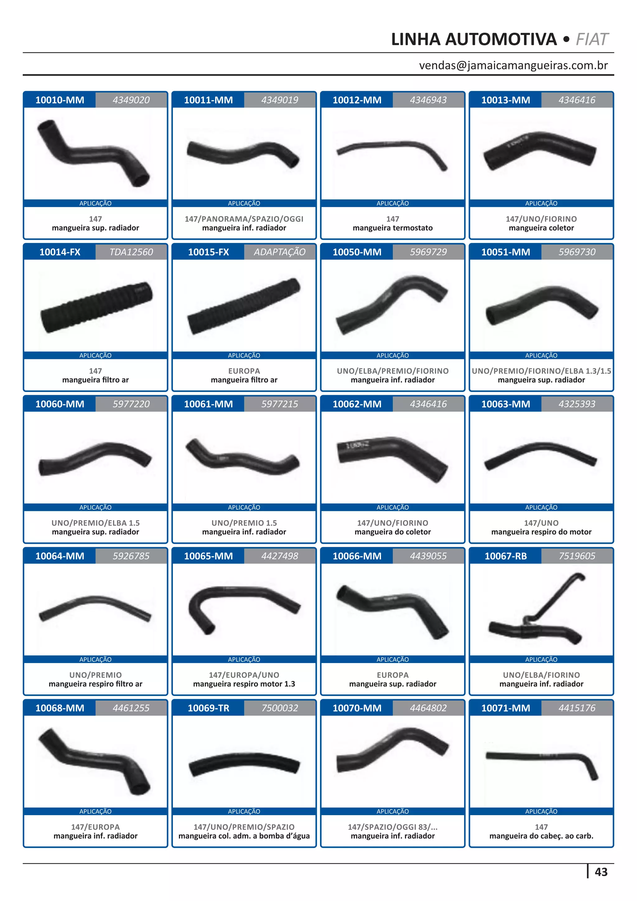vendas@jamaicamangueiras.com.br
APLICAÇÃO APLICAÇÃO APLICAÇÃO APLICAÇÃO
APLICAÇÃO APLICAÇÃO APLICAÇÃO APLICAÇÃO
APLICAÇÃO APLICAÇÃO APLICAÇÃO APLICAÇÃO
APLICAÇÃO APLICAÇÃO APLICAÇÃO APLICAÇÃO
APLICAÇÃO APLICAÇÃO APLICAÇÃO APLICAÇÃO
43
LINHA AUTOMOTIVA • FIAT
10010-MM
10014-FX
10060-MM
10064-MM
10068-MM
10011-MM
10015-FX
10061-MM
10065-MM
10069-TR
10012-MM
10050-MM
10062-MM
10066-MM
10070-MM
10013-MM
10051-MM
10063-MM
10067-RB
10071-MM
4349020
TDA12560
5977220
5926785
4461255
4349019 4346416
ADAPTAÇÃO
5977215
4427498
7500032
4346943
5969729
4346416
4439055
4464802
5969730
4325393
7519605
4415176
147
mangueira sup. radiador
147
mangueira filtro ar
UNO/PREMIO/ELBA 1.5
mangueira sup. radiador
UNO/PREMIO
mangueira respiro filtro ar
147/EUROPA
mangueira inf. radiador
147/PANORAMA/SPAZIO/OGGI
mangueira inf. radiador
EUROPA
mangueira filtro ar
UNO/PREMIO 1.5
mangueira inf. radiador
147/EUROPA/UNO
mangueira respiro motor 1.3
147/UNO/PREMIO/SPAZIO
mangueira col. adm. a bomba d’água
147
mangueira termostato
UNO/ELBA/PREMIO/FIORINO
mangueira inf. radiador
147/UNO/FIORINO
mangueira do coletor
EUROPA
mangueira sup. radiador
147/SPAZIO/OGGI 83/...
mangueira inf. radiador
147/UNO/FIORINO
mangueira coletor
UNO/PREMIO/FIORINO/ELBA 1.3/1.5
mangueira sup. radiador
147/UNO
mangueira respiro do motor
UNO/ELBA/FIORINO
mangueira inf. radiador
147
mangueira do cabeç. ao carb.
 