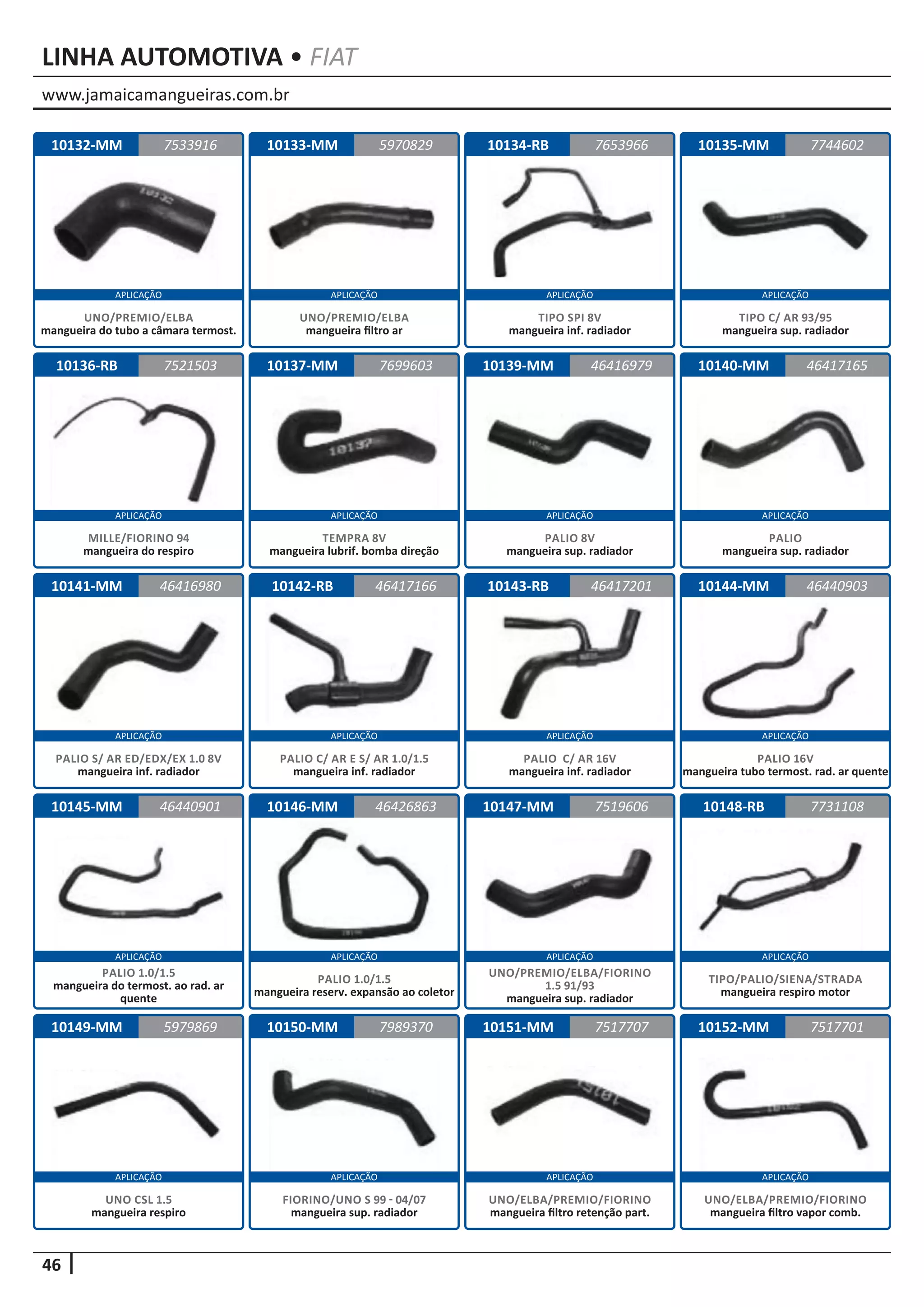 www.jamaicamangueiras.com.br
APLICAÇÃO APLICAÇÃO APLICAÇÃO APLICAÇÃO
APLICAÇÃO APLICAÇÃO APLICAÇÃO APLICAÇÃO
APLICAÇÃO APLICAÇÃO APLICAÇÃO APLICAÇÃO
APLICAÇÃO APLICAÇÃO APLICAÇÃO APLICAÇÃO
APLICAÇÃO APLICAÇÃO APLICAÇÃO APLICAÇÃO
46
LINHA AUTOMOTIVA • FIAT
10132-MM
10136-RB 10140-MM
10144-MM
10148-RB
10133-MM
10137-MM
10141-MM
10145-MM
10149-MM
10134-RB
10152-MM
10142-RB
10146-MM
10150-MM
10135-MM
10139-MM
10143-RB
10147-MM
10151-MM
7533916
7521503 46417165
46440903
7731108
5970829 7744602
7699603
46416980
46440901
5979869
7653966
7517701
46417166
46426863
7989370
46416979
46417201
7519606
7517707
UNO/PREMIO/ELBA
mangueira do tubo a câmara termost.
MILLE/FIORINO 94
mangueira do respiro
PALIO
mangueira sup. radiador
PALIO 16V
mangueira tubo termost. rad. ar quente
TIPO/PALIO/SIENA/STRADA
mangueira respiro motor
UNO/PREMIO/ELBA
mangueira filtro ar
TEMPRA 8V
mangueira lubrif. bomba direção
PALIO S/ AR ED/EDX/EX 1.0 8V
mangueira inf. radiador
PALIO 1.0/1.5
mangueira do termost. ao rad. ar
quente
UNO CSL 1.5
mangueira respiro
TIPO SPI 8V
mangueira inf. radiador
UNO/ELBA/PREMIO/FIORINO
mangueira filtro vapor comb.
PALIO C/ AR E S/ AR 1.0/1.5
mangueira inf. radiador
PALIO 1.0/1.5
mangueira reserv. expansão ao coletor
FIORINO/UNO S 99 - 04/07
mangueira sup. radiador
TIPO C/ AR 93/95
mangueira sup. radiador
PALIO 8V
mangueira sup. radiador
PALIO C/ AR 16V
mangueira inf. radiador
UNO/PREMIO/ELBA/FIORINO
1.5 91/93
mangueira sup. radiador
UNO/ELBA/PREMIO/FIORINO
mangueira filtro retenção part.
 