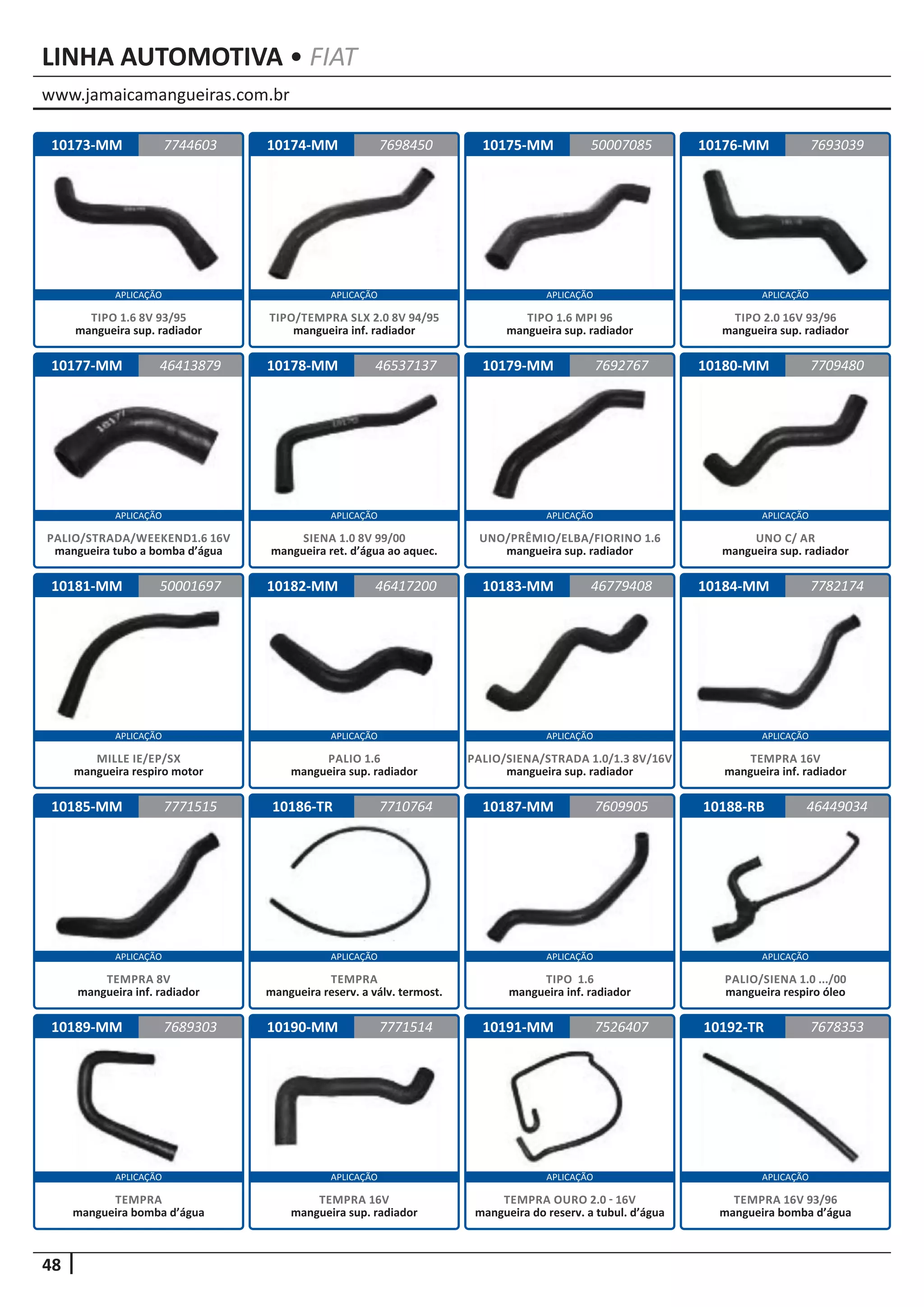 www.jamaicamangueiras.com.br
APLICAÇÃO APLICAÇÃO APLICAÇÃO APLICAÇÃO
APLICAÇÃO APLICAÇÃO APLICAÇÃO APLICAÇÃO
APLICAÇÃO APLICAÇÃO APLICAÇÃO APLICAÇÃO
APLICAÇÃO APLICAÇÃO APLICAÇÃO APLICAÇÃO
APLICAÇÃO APLICAÇÃO APLICAÇÃO APLICAÇÃO
48
LINHA AUTOMOTIVA • FIAT
10173-MM
10177-MM
10181-MM
10185-MM
10189-MM
10174-MM
10178-MM
10182-MM
10186-TR
10190-MM
10175-MM
10179-MM
10183-MM
10187-MM
10191-MM
10176-MM
10180-MM
10184-MM
10188-RB
10192-TR
7744603
46413879
50001697
7771515
7689303
7698450 7693039
46537137
46417200
7710764
7771514
50007085
7692767
46779408
7609905
7526407
7709480
7782174
46449034
7678353
TIPO 1.6 8V 93/95
mangueira sup. radiador
PALIO/STRADA/WEEKEND1.6 16V
mangueira tubo a bomba d’água
MILLE IE/EP/SX
mangueira respiro motor
TEMPRA 8V
mangueira inf. radiador
TEMPRA
mangueira bomba d’água
TIPO/TEMPRA SLX 2.0 8V 94/95
mangueira inf. radiador
SIENA 1.0 8V 99/00
mangueira ret. d’água ao aquec.
PALIO 1.6
mangueira sup. radiador
TEMPRA
mangueira reserv. a válv. termost.
TEMPRA 16V
mangueira sup. radiador
TIPO 1.6 MPI 96
mangueira sup. radiador
UNO/PRÊMIO/ELBA/FIORINO 1.6
mangueira sup. radiador
PALIO/SIENA/STRADA 1.0/1.3 8V/16V
mangueira sup. radiador
TIPO 1.6
mangueira inf. radiador
TEMPRA OURO 2.0 - 16V
mangueira do reserv. a tubul. d’água
TIPO 2.0 16V 93/96
mangueira sup. radiador
UNO C/ AR
mangueira sup. radiador
TEMPRA 16V
mangueira inf. radiador
PALIO/SIENA 1.0 .../00
mangueira respiro óleo
TEMPRA 16V 93/96
mangueira bomba d’água
 