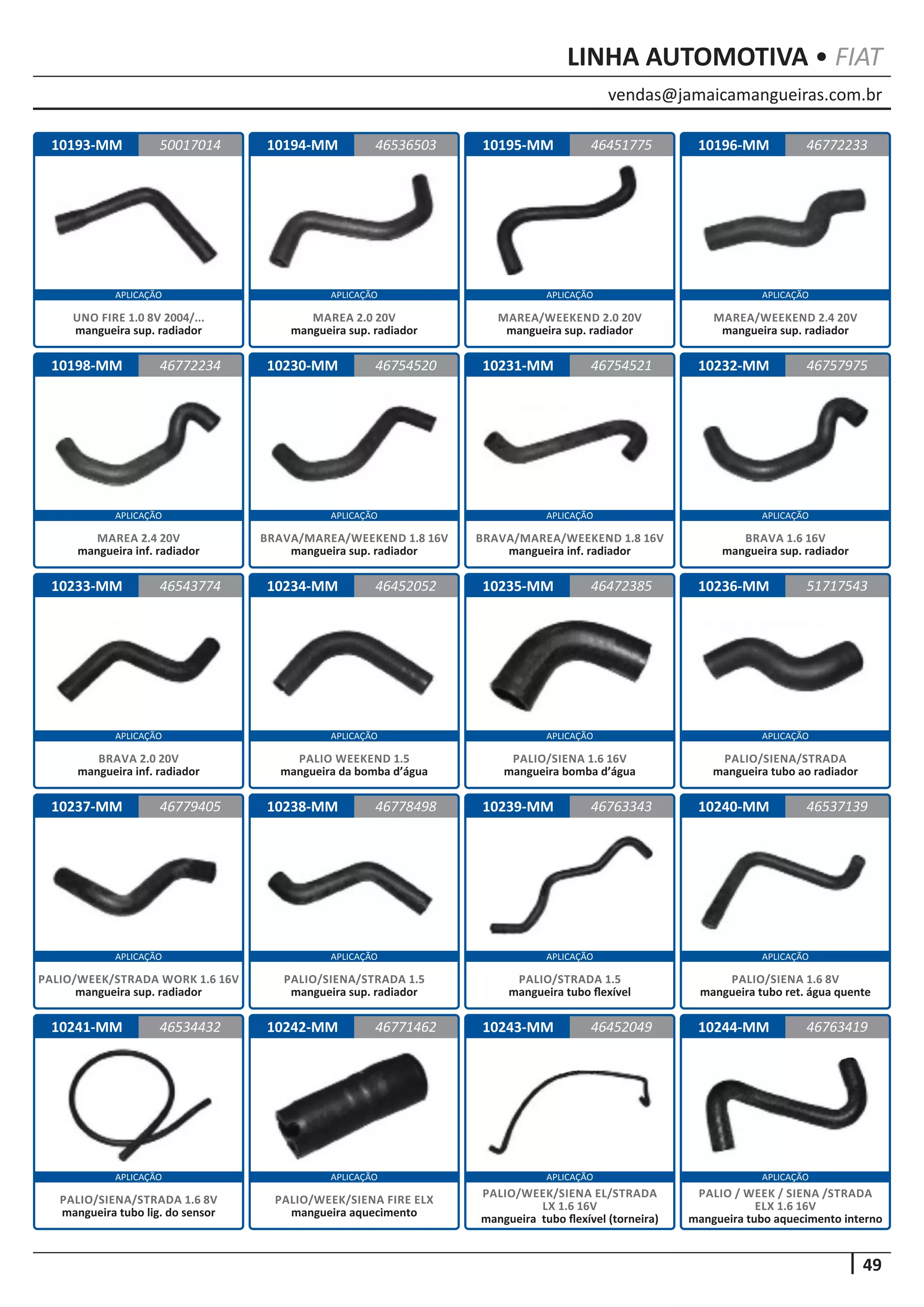 vendas@jamaicamangueiras.com.br
APLICAÇÃO APLICAÇÃO APLICAÇÃO APLICAÇÃO
APLICAÇÃO APLICAÇÃO APLICAÇÃO APLICAÇÃO
APLICAÇÃO APLICAÇÃO APLICAÇÃO APLICAÇÃO
APLICAÇÃO APLICAÇÃO APLICAÇÃO APLICAÇÃO
APLICAÇÃO APLICAÇÃO APLICAÇÃO APLICAÇÃO
49
LINHA AUTOMOTIVA • FIAT
10193-MM
10198-MM
10233-MM
10237-MM
10241-MM
10194-MM
10230-MM
10234-MM
10238-MM
10242-MM
10195-MM
10231-MM
10235-MM
10239-MM
10243-MM
10196-MM
10232-MM
10236-MM
10240-MM
10244-MM
50017014
46772234
46543774
46779405
46534432
46536503 46772233
46754520
46452052
46778498
46771462
46451775
46754521
46472385
46763343
46452049
46757975
51717543
46537139
46763419
UNO FIRE 1.0 8V 2004/...
mangueira sup. radiador
MAREA 2.4 20V
mangueira inf. radiador
BRAVA 2.0 20V
mangueira inf. radiador
PALIO/WEEK/STRADA WORK 1.6 16V
mangueira sup. radiador
PALIO/SIENA/STRADA 1.6 8V
mangueira tubo lig. do sensor
MAREA 2.0 20V
mangueira sup. radiador
BRAVA/MAREA/WEEKEND 1.8 16V
mangueira sup. radiador
PALIO WEEKEND 1.5
mangueira da bomba d’água
PALIO/SIENA/STRADA 1.5
mangueira sup. radiador
PALIO/WEEK/SIENA FIRE ELX
mangueira aquecimento
MAREA/WEEKEND 2.0 20V
mangueira sup. radiador
BRAVA/MAREA/WEEKEND 1.8 16V
mangueira inf. radiador
PALIO/SIENA 1.6 16V
mangueira bomba d’água
PALIO/STRADA 1.5
mangueira tubo flexível
PALIO/WEEK/SIENA EL/STRADA
LX 1.6 16V
mangueira tubo flexível (torneira)
MAREA/WEEKEND 2.4 20V
mangueira sup. radiador
BRAVA 1.6 16V
mangueira sup. radiador
PALIO/SIENA/STRADA
mangueira tubo ao radiador
PALIO/SIENA 1.6 8V
mangueira tubo ret. água quente
PALIO / WEEK / SIENA /STRADA
ELX 1.6 16V
mangueira tubo aquecimento interno
 