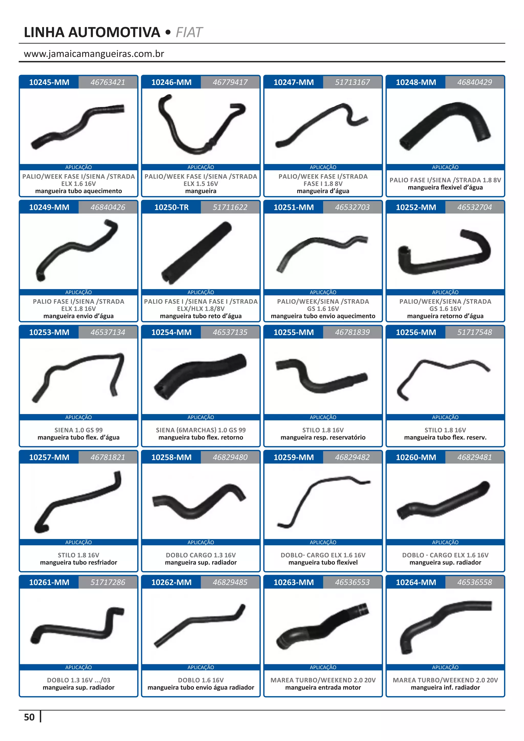 www.jamaicamangueiras.com.br
APLICAÇÃO APLICAÇÃO APLICAÇÃO APLICAÇÃO
APLICAÇÃO APLICAÇÃO APLICAÇÃO APLICAÇÃO
APLICAÇÃO APLICAÇÃO APLICAÇÃO APLICAÇÃO
APLICAÇÃO APLICAÇÃO APLICAÇÃO APLICAÇÃO
APLICAÇÃO APLICAÇÃO APLICAÇÃO APLICAÇÃO
50
LINHA AUTOMOTIVA • FIAT
10245-MM
10249-MM
10253-MM
10257-MM
10261-MM
10246-MM
10250-TR
10254-MM
10258-MM
10262-MM
10247-MM
10251-MM
10255-MM
10259-MM
10263-MM
10248-MM
10252-MM
10256-MM
10260-MM
10264-MM
46763421
46840426
46537134
46781821
51717286
46779417 46840429
51711622
46537135
46829480
46829485
51713167
46532703
46781839
46829482
46536553
46532704
51717548
46829481
46536558
PALIO/WEEK FASE I/SIENA /STRADA
ELX 1.6 16V
mangueira tubo aquecimento
PALIO FASE I/SIENA /STRADA
ELX 1.8 16V
mangueira envio d’água
SIENA 1.0 GS 99
mangueira tubo flex. d’água
STILO 1.8 16V
mangueira tubo resfriador
DOBLO 1.3 16V .../03
mangueira sup. radiador
PALIO/WEEK FASE I/SIENA /STRADA
ELX 1.5 16V
mangueira
PALIO FASE I /SIENA FASE I /STRADA
ELX/HLX 1.8/8V
mangueira tubo reto d’água
SIENA (6MARCHAS) 1.0 GS 99
mangueira tubo flex. retorno
DOBLO CARGO 1.3 16V
mangueira sup. radiador
DOBLO 1.6 16V
mangueira tubo envio água radiador
PALIO/WEEK FASE I/STRADA
FASE I 1.8 8V
mangueira d’água
PALIO/WEEK/SIENA /STRADA
GS 1.6 16V
mangueira tubo envio aquecimento
STILO 1.8 16V
mangueira resp. reservatório
DOBLO- CARGO ELX 1.6 16V
mangueira tubo flexível
MAREA TURBO/WEEKEND 2.0 20V
mangueira entrada motor
PALIO FASE I/SIENA /STRADA 1.8 8V
mangueira flexivel d’água
PALIO/WEEK/SIENA /STRADA
GS 1.6 16V
mangueira retorno d’água
STILO 1.8 16V
mangueira tubo flex. reserv.
DOBLO - CARGO ELX 1.6 16V
mangueira sup. radiador
MAREA TURBO/WEEKEND 2.0 20V
mangueira inf. radiador
 