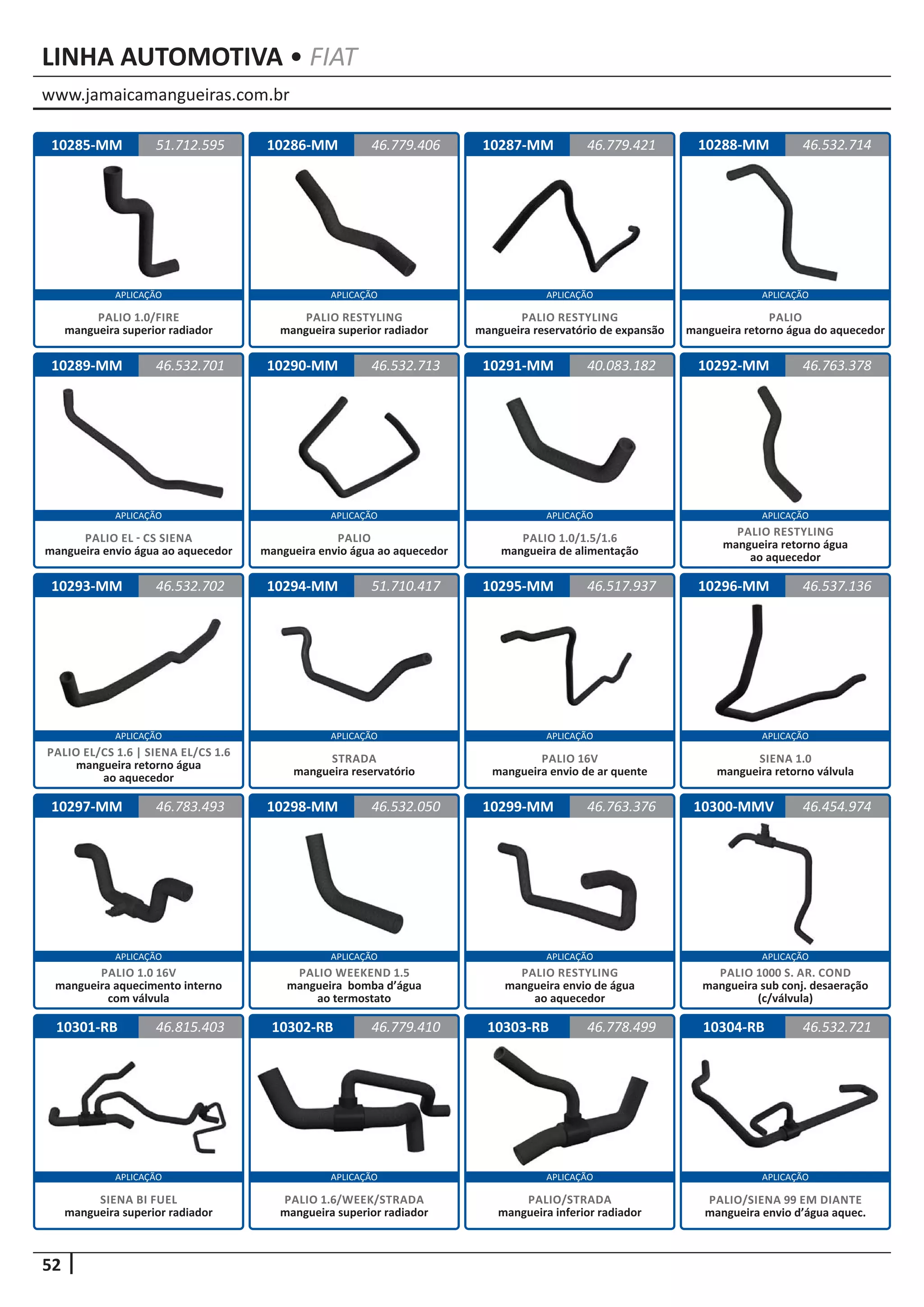 www.jamaicamangueiras.com.br
APLICAÇÃO APLICAÇÃO APLICAÇÃO APLICAÇÃO
APLICAÇÃO APLICAÇÃO APLICAÇÃO APLICAÇÃO
APLICAÇÃO APLICAÇÃO APLICAÇÃO APLICAÇÃO
APLICAÇÃO APLICAÇÃO APLICAÇÃO APLICAÇÃO
APLICAÇÃO APLICAÇÃO APLICAÇÃO APLICAÇÃO
52
LINHA AUTOMOTIVA • FIAT
10285-MM 10286-MM 10287-MM51.712.595 46.779.406 46.779.421
PALIO 1.0/FIRE
mangueira superior radiador
PALIO RESTYLING
mangueira superior radiador
PALIO RESTYLING
mangueira reservatório de expansão
10288-MM 46.532.714
PALIO
mangueira retorno água do aquecedor
10289-MM 10290-MM 10291-MM46.532.701 46.532.713 40.083.182
PALIO EL - CS SIENA
mangueira envio água ao aquecedor
PALIO
mangueira envio água ao aquecedor
PALIO 1.0/1.5/1.6
mangueira de alimentação
10292-MM 46.763.378
PALIO RESTYLING
mangueira retorno água
ao aquecedor
10296-MM
10300-MMV
10304-RB
10293-MM
10297-MM
10301-RB
10294-MM
10298-MM
10302-RB
10295-MM
10299-MM
10303-RB
46.537.136
46.454.974
46.532.721
46.532.702
46.783.493
46.815.403
51.710.417
46.532.050
46.779.410
46.517.937
46.763.376
46.778.499
PALIO EL/CS 1.6 | SIENA EL/CS 1.6
mangueira retorno água
ao aquecedor
PALIO 1.0 16V
mangueira aquecimento interno
com válvula
SIENA BI FUEL
mangueira superior radiador
SIENA 1.0
mangueira retorno válvula
PALIO 1000 S. AR. COND
mangueira sub conj. desaeração
(c/válvula)
PALIO/SIENA 99 EM DIANTE
mangueira envio d’água aquec.
STRADA
mangueira reservatório
PALIO WEEKEND 1.5
mangueira bomba d’água
ao termostato
PALIO 1.6/WEEK/STRADA
mangueira superior radiador
PALIO 16V
mangueira envio de ar quente
PALIO RESTYLING
mangueira envio de água
ao aquecedor
PALIO/STRADA
mangueira inferior radiador
 