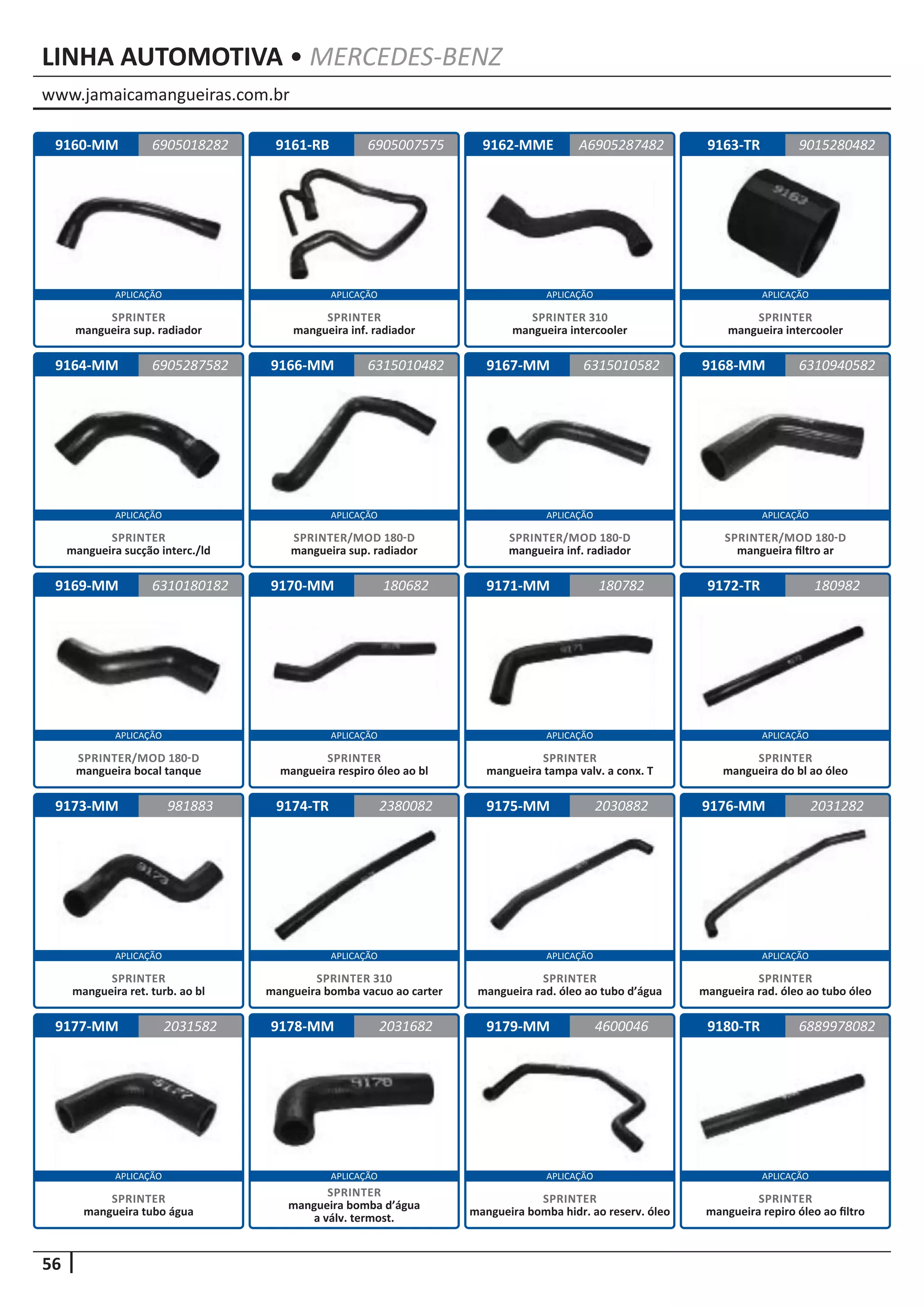 www.jamaicamangueiras.com.br
APLICAÇÃO APLICAÇÃO APLICAÇÃO APLICAÇÃO
APLICAÇÃO APLICAÇÃO APLICAÇÃO APLICAÇÃO
APLICAÇÃO APLICAÇÃO APLICAÇÃO APLICAÇÃO
APLICAÇÃO APLICAÇÃO APLICAÇÃO APLICAÇÃO
APLICAÇÃO APLICAÇÃO APLICAÇÃO APLICAÇÃO
56
LINHA AUTOMOTIVA • MERCEDES-BENZ
9160-MM
9180-TR
9164-MM 9168-MM
9172-TR
9176-MM
9161-RB
9169-MM
9173-MM
9177-MM
9162-MME
9166-MM
9170-MM
9174-TR
9178-MM
9163-TR
9167-MM
9171-MM
9175-MM
9179-MM
6905018282
6889978082
6905287582 6310940582
180982
2031282
6905007575 9015280482
6310180182
981883
2031582
A6905287482
6315010482
180682
2380082
2031682
6315010582
180782
2030882
4600046
SPRINTER
mangueira sup. radiador
SPRINTER
mangueira repiro óleo ao filtro
SPRINTER
mangueira sucção interc./ld
SPRINTER/MOD 180-D
mangueira filtro ar
SPRINTER
mangueira do bl ao óleo
SPRINTER
mangueira rad. óleo ao tubo óleo
SPRINTER
mangueira inf. radiador
SPRINTER/MOD 180-D
mangueira bocal tanque
SPRINTER
mangueira ret. turb. ao bl
SPRINTER
mangueira tubo água
SPRINTER 310
mangueira intercooler
SPRINTER/MOD 180-D
mangueira sup. radiador
SPRINTER
mangueira respiro óleo ao bl
SPRINTER 310
mangueira bomba vacuo ao carter
SPRINTER
mangueira bomba d’água
a válv. termost.
SPRINTER
mangueira intercooler
SPRINTER/MOD 180-D
mangueira inf. radiador
SPRINTER
mangueira tampa valv. a conx. T
SPRINTER
mangueira rad. óleo ao tubo d’água
SPRINTER
mangueira bomba hidr. ao reserv. óleo
 