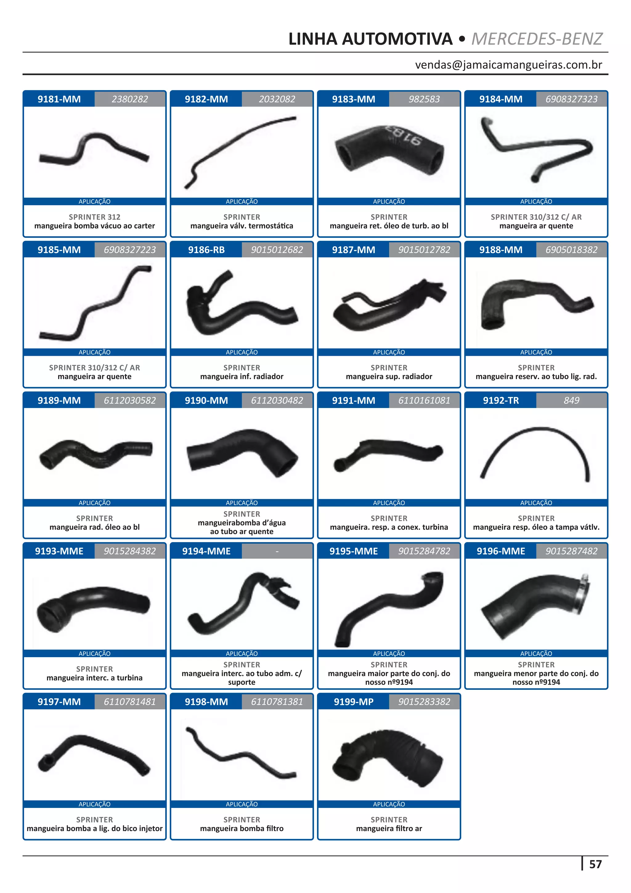 57
LINHA AUTOMOTIVA • MERCEDES-BENZ
APLICAÇÃO APLICAÇÃO APLICAÇÃO APLICAÇÃO
APLICAÇÃO APLICAÇÃO APLICAÇÃO APLICAÇÃO
APLICAÇÃO APLICAÇÃO APLICAÇÃO APLICAÇÃO
APLICAÇÃO APLICAÇÃO APLICAÇÃO APLICAÇÃO
APLICAÇÃO APLICAÇÃO APLICAÇÃO
vendas@jamaicamangueiras.com.br
9184-MM
9188-MM
9192-TR
9196-MME
9181-MM
9185-MM
9189-MM
9193-MME
9197-MM
9182-MM
9186-RB
9190-MM
9194-MME
9198-MM
9183-MM
9187-MM
9191-MM
9195-MME
9199-MP
6908327323
6905018382
849
9015287482
2380282 982583
6908327223
6112030582
9015284382
6110781481
2032082
9015012682
6112030482
-
6110781381
9015012782
6110161081
9015284782
9015283382
SPRINTER 310/312 C/ AR
mangueira ar quente
SPRINTER
mangueira reserv. ao tubo lig. rad.
SPRINTER
mangueira resp. óleo a tampa vátlv.
SPRINTER
mangueira menor parte do conj. do
nosso nº9194
SPRINTER 312
mangueira bomba vácuo ao carter
SPRINTER 310/312 C/ AR
mangueira ar quente
SPRINTER
mangueira rad. óleo ao bl
SPRINTER
mangueira interc. a turbina
SPRINTER
mangueira bomba a lig. do bico injetor
SPRINTER
mangueira válv. termostática
SPRINTER
mangueira inf. radiador
SPRINTER
mangueirabomba d’água
ao tubo ar quente
SPRINTER
mangueira interc. ao tubo adm. c/
suporte
SPRINTER
mangueira bomba filtro
SPRINTER
mangueira ret. óleo de turb. ao bl
SPRINTER
mangueira sup. radiador
SPRINTER
mangueira. resp. a conex. turbina
SPRINTER
mangueira maior parte do conj. do
nosso nº9194
SPRINTER
mangueira filtro ar
 