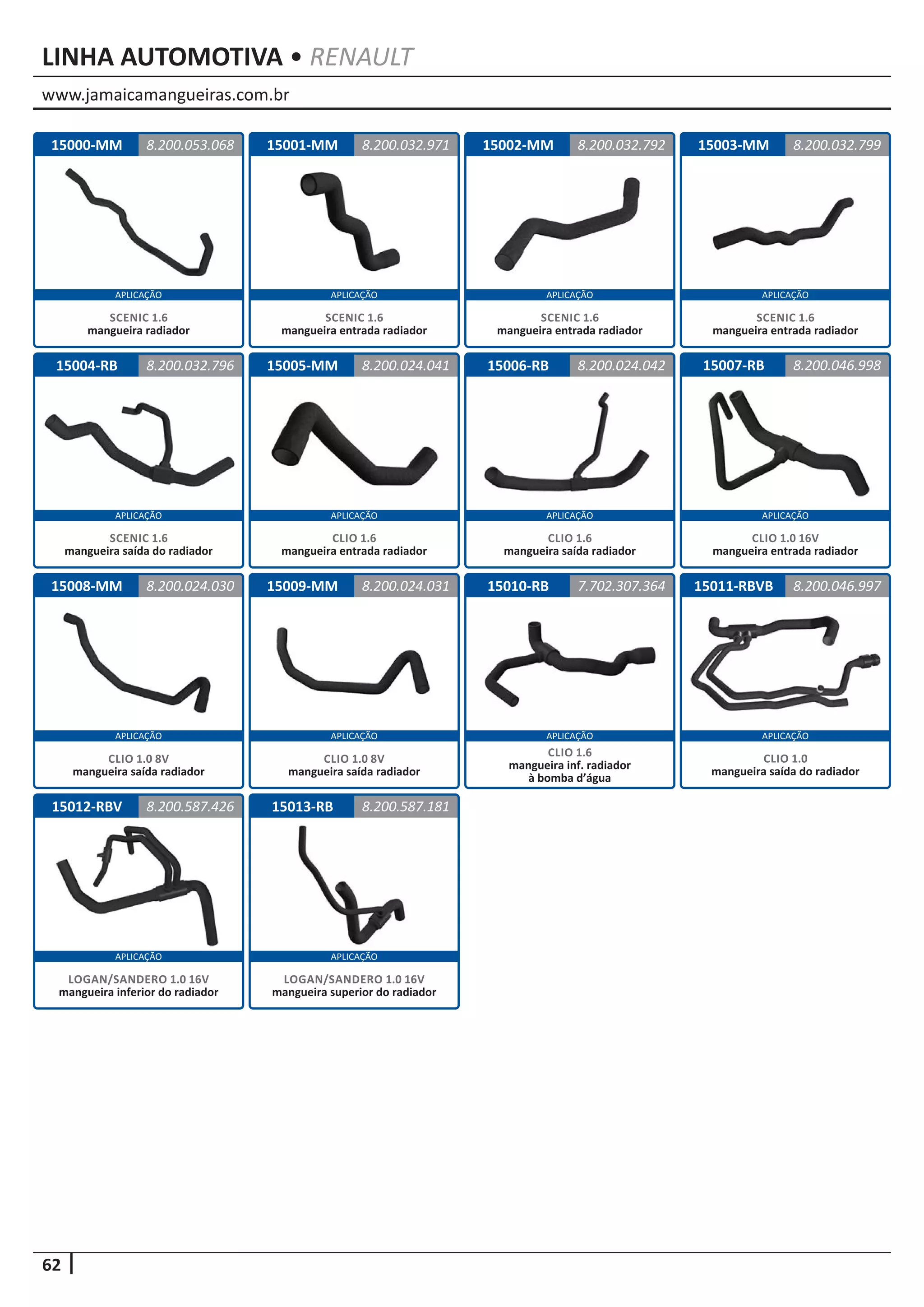 www.jamaicamangueiras.com.br
APLICAÇÃO APLICAÇÃO APLICAÇÃO APLICAÇÃO
APLICAÇÃO APLICAÇÃO APLICAÇÃO APLICAÇÃO
APLICAÇÃO APLICAÇÃO APLICAÇÃO APLICAÇÃO
62
APLICAÇÃO APLICAÇÃO
LINHA AUTOMOTIVA • RENAULT
15011-RBVB 8.200.046.997
CLIO 1.0
mangueira saída do radiador
15003-MM
15007-RB
15000-MM
15004-RB
15008-MM
15012-RBV
15001-MM
15005-MM
15009-MM
15013-RB
15002-MM
15006-RB
15010-RB
8.200.032.799
8.200.046.998
8.200.053.068
8.200.032.796
8.200.024.030
8.200.587.426
8.200.032.971
8.200.024.041
8.200.024.031
8.200.587.181
8.200.032.792
8.200.024.042
7.702.307.364
SCENIC 1.6
mangueira radiador
SCENIC 1.6
mangueira saída do radiador
CLIO 1.0 8V
mangueira saída radiador
LOGAN/SANDERO 1.0 16V
mangueira inferior do radiador
SCENIC 1.6
mangueira entrada radiador
CLIO 1.0 16V
mangueira entrada radiador
SCENIC 1.6
mangueira entrada radiador
CLIO 1.6
mangueira entrada radiador
CLIO 1.0 8V
mangueira saída radiador
LOGAN/SANDERO 1.0 16V
mangueira superior do radiador
SCENIC 1.6
mangueira entrada radiador
CLIO 1.6
mangueira saída radiador
CLIO 1.6
mangueira inf. radiador
à bomba d’água
 
