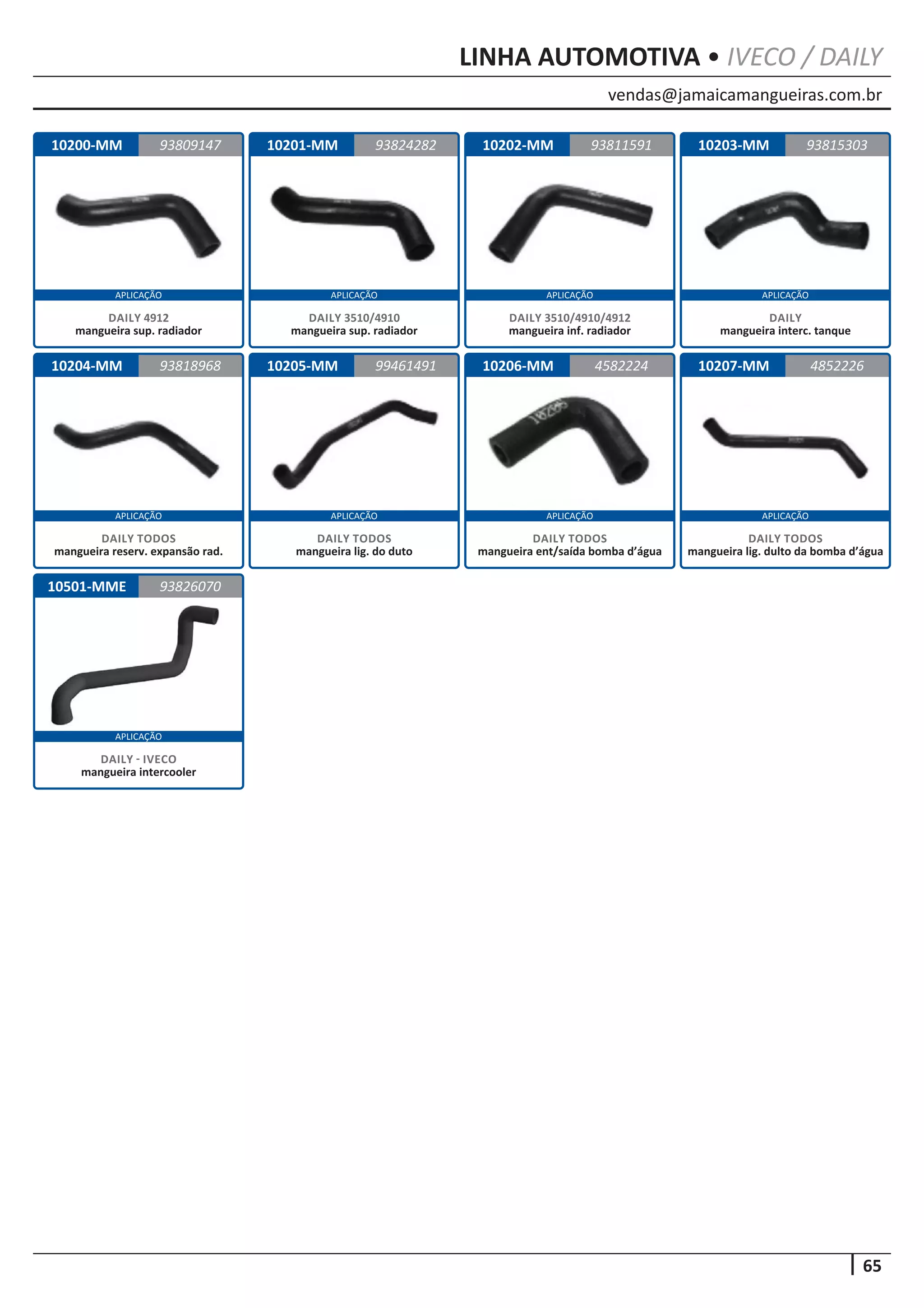 vendas@jamaicamangueiras.com.br
APLICAÇÃO APLICAÇÃO APLICAÇÃO APLICAÇÃO
APLICAÇÃO APLICAÇÃO APLICAÇÃO APLICAÇÃO
65
APLICAÇÃO
LINHA AUTOMOTIVA • IVECO / DAILY
10200-MM
10204-MM
10501-MME
10201-MM
10205-MM
10202-MM
10206-MM
10203-MM
10207-MM
93809147
93818968
93826070
93824282 93815303
99461491
93811591
4582224 4852226
DAILY 4912
mangueira sup. radiador
DAILY TODOS
mangueira reserv. expansão rad.
DAILY - IVECO
mangueira intercooler
DAILY 3510/4910
mangueira sup. radiador
DAILY TODOS
mangueira lig. do duto
DAILY 3510/4910/4912
mangueira inf. radiador
DAILY TODOS
mangueira ent/saída bomba d’água
DAILY
mangueira interc. tanque
DAILY TODOS
mangueira lig. dulto da bomba d’água
 