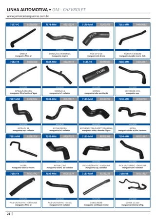 www.jamaicamangueiras.com.br
APLICAÇÃO APLICAÇÃO APLICAÇÃO APLICAÇÃO
APLICAÇÃO APLICAÇÃO APLICAÇÃO APLICAÇÃO
APLICAÇÃO APLICAÇÃO APLICAÇÃO APLICAÇÃO
APLICAÇÃO APLICAÇÃO APLICAÇÃO APLICAÇÃO
APLICAÇÃO APLICAÇÃO APLICAÇÃO APLICAÇÃO
22
LINHA AUTOMOTIVA • GM - CHEVROLET
7177-PC
7182-TR
7187-MM
7191-MM
7195-FX
7178-MM
7184-MM
7188-MM
7192-MM
7196-MM
7179-MM
7185-TR
7189-MM
7193-MM
7197-MM
7181-MM
7186-MM
7190-MM
7194-MM
7198-RB
93230200
94656506
93267024
93283709
RE001042
93231224 94649682
93224773
90572917
93267023
RE001374
70200706
90499500
90530796
RE001366
93231223
93242847
90530799
RE001367
90531812
OMEGA
mangueira filtro ar
OPALA/CARAVAN
mangueira filtro bomba d’água
ASTRA S/ AR
mangueira sup. radiador
ASTRA
mangueira tubo ao reserv.
PICK-UP/TRAFFIC - GASOLINA
mangueira filtro ar
CORSA/CELTA/MERIVA
mangueira respiro
OMEGA 4.1
mangueira inf. radiador
ASTRA/ZAFIRA
mangueira inf. radiador
ASTRA C/ AR
mangueira reserv. ao radiador
PICK-UP/TRAFFIC - DIESEL
mangueira inf. radiador
PICK-UP D-20
mangueira do dreno
MONZA
mangueira tubo ventilação
ASTRA/VECTRA/KADETT/IPANEMA
mangueira tubo a bomba d’água
PICK-UP/TRAFFIC - GASOLINA
mangueira sup. radiador
CORSA 96/98
mangueira ventilação motor
PICKUP D-20 85/92
mangueira sucção reserv. hidr.
SILVERADO 6 CIL.
mangueira sup.
ASTRA
mangueira tubo as dist. termost.
PICK-UP/TRAFFIC - GASOLINA
mangueira inf. radiador
CORSA 1.6 16V
mangueira sistema refrig.
 