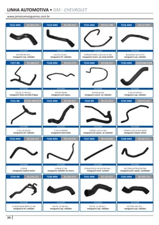 www.jamaicamangueiras.com.br
APLICAÇÃO APLICAÇÃO APLICAÇÃO APLICAÇÃO
APLICAÇÃO APLICAÇÃO APLICAÇÃO APLICAÇÃO
APLICAÇÃO APLICAÇÃO APLICAÇÃO APLICAÇÃO
APLICAÇÃO APLICAÇÃO APLICAÇÃO APLICAÇÃO
APLICAÇÃO APLICAÇÃO APLICAÇÃO APLICAÇÃO
24
LINHA AUTOMOTIVA • GM - CHEVROLET
7222-MM
7227-RB
7231-RB
7235-MM
7239-RB
7224-MM
7228-MM
7232-MM
7236-MM
7240-MM
7225-MM
7229-MM
7233-RB
7237-MM
7241-MM
7226-MM
7230-MM
7234-MM
7238-MM
7242-MM
93.365.574
93.288.619
93.365.488/9328
90.528.192
93.249.221
93.260.412 93.217.047
90.410.578
93.283.811
90.410.070
93.260.410
90.412.788
24.438.357
90.412.853
90.410.666
93.319.451
93365486/9328
90.571.457
90.467.511
90.499.716
VECTRA 8V 97/...
mangueira sup. radiador
CELTA C/ AR 01/...
mangueira fluxo entrada d’água
S-10 2.8 DIESEL
mangueira inf. radiador
CORSA
mangueira respiro motor
S-10/BLAZER MPFI C/ AR
mangueira inf. radiador
CELTA 1.0 01/...
mangueira inf. radiador
ASTRA 94/96
mangueira pré-aquec.
S-10 2.8 MWM
mangueira intercooler
CORSA S/ AR
mangueira radiador ao reserv.
CELTA S/ AR 01/...
mangueira sup. radiador
CORSA/TIGRA 1.0/1.4/1.6 16V
mangueira reserv. ap corpo borbol.
ASTRA 8/16V
mangueira reserv. ao radiador
CORSA 1.0/1.6 16V
mangueira do aquec. ao radiador
CORSA/PICK-UP/ASTRA 94/...
mangueira vent. canister
CELTA C/ AR 01/...
mangueira sup. radiador
BLAZER/S-10 2.2 EFI
mangueira sup. radiador
S-10 2.8 DIESEL
mangueira sup. radiador
CORSA 1.0/1.6 16V 96/01
mangueira respiro motor
VECTRA/ASTRA/ZAFIRA
mangueira pré- aquec. ventilador
VECTRA 16V 97/...
mangueira sup. radiador
 