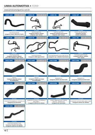 www.jamaicamangueiras.com.br
APLICAÇÃO APLICAÇÃO APLICAÇÃO APLICAÇÃO
APLICAÇÃO APLICAÇÃO APLICAÇÃO APLICAÇÃO
APLICAÇÃO APLICAÇÃO APLICAÇÃO APLICAÇÃO
APLICAÇÃO APLICAÇÃO APLICAÇÃO APLICAÇÃO
42
APLICAÇÃO
LINHA AUTOMOTIVA • FORD
14003-MM 14004-RB 14005-RB97FB9K1.164-AB 96FB18K359-BC 96FB18K359-AH
FIESTA/COURIER
mangueira conex. tubo ench. bomb.
FIESTA 1.0/1.3 IE
mangueira inferior radiador
conjunto “sem” sensor
FIESTA 1.0/1.3 IE
mangueira entrada aquecimento
conjunto “sem” sensor
14006-MP
14011-RB
14015-MM
14019-MM
14007-RB
14012-MM
14016-MM
14020-MM
14009-RB
14013-MM
14017-MM
14010-MM
14014-MM
14018-MM
96FB 9 047-AB
98FU8B273-BA
5L556K770 AB
9S 658 B273 AC
96FB18K359-AK
2M519047 AB
1C 356 C646 CA
5N 158 B274 AA
96FB 8B 081-ME
98AB9K164 HD
5L 558 B273 AL
XS6 18B 081-BB
5L556K769 AB
1C 356 C646 AA
FIESTA/COURIER
mangueira inferior radiador
c/ar e s/ar conjunto “sem” sensor
FOCUS
mangueira bocal do tanque
de combustível
F-250 MOTOR MWM 6CC (NITRÍLICA)
mangueira do intercooler
FIESTA/ECOSPORT FLEX
1.6 ZETEC ROCAM/ANO 2005...
mangueira superior do radiador
FIESTA 96 EM DIANTE
mangueira entrada
tanque combustível
FIESTA/COURIER 96/99
mangueira inferior radiador
“sem” sensor
RANGER 3.0
mangueira superior do intercooler
ECOSPORT 1.6 FLEX ANO 2005 A 2010
mangueira inferior do radiador
FIESTA/COURIER
mangueira saída aquecimento
FOCUS
mangueira respiro do tanque
de combustível
RANGER 3.0 DIESEL ELETRÔNICA
ANO/2005...
mangueira inferior do radiador
FIESTA/COURIER 1.0/1.6 MT ZETEC
mangueira sup. radiador/reservatório
RANGER 3.0
mangueira inferior do intercooler
F-350/F-4000 MOTOR CUMINS
ANO 01... (NITRÍLICA)
mangueira do intercooler
 
