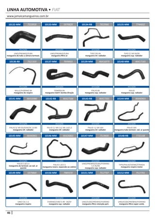 www.jamaicamangueiras.com.br
APLICAÇÃO APLICAÇÃO APLICAÇÃO APLICAÇÃO
APLICAÇÃO APLICAÇÃO APLICAÇÃO APLICAÇÃO
APLICAÇÃO APLICAÇÃO APLICAÇÃO APLICAÇÃO
APLICAÇÃO APLICAÇÃO APLICAÇÃO APLICAÇÃO
APLICAÇÃO APLICAÇÃO APLICAÇÃO APLICAÇÃO
46
LINHA AUTOMOTIVA • FIAT
10132-MM
10136-RB 10140-MM
10144-MM
10148-RB
10133-MM
10137-MM
10141-MM
10145-MM
10149-MM
10134-RB
10152-MM
10142-RB
10146-MM
10150-MM
10135-MM
10139-MM
10143-RB
10147-MM
10151-MM
7533916
7521503 46417165
46440903
7731108
5970829 7744602
7699603
46416980
46440901
5979869
7653966
7517701
46417166
46426863
7989370
46416979
46417201
7519606
7517707
UNO/PREMIO/ELBA
mangueira do tubo a câmara termost.
MILLE/FIORINO 94
mangueira do respiro
PALIO
mangueira sup. radiador
PALIO 16V
mangueira tubo termost. rad. ar quente
TIPO/PALIO/SIENA/STRADA
mangueira respiro motor
UNO/PREMIO/ELBA
mangueira filtro ar
TEMPRA 8V
mangueira lubrif. bomba direção
PALIO S/ AR ED/EDX/EX 1.0 8V
mangueira inf. radiador
PALIO 1.0/1.5
mangueira do termost. ao rad. ar
quente
UNO CSL 1.5
mangueira respiro
TIPO SPI 8V
mangueira inf. radiador
UNO/ELBA/PREMIO/FIORINO
mangueira filtro vapor comb.
PALIO C/ AR E S/ AR 1.0/1.5
mangueira inf. radiador
PALIO 1.0/1.5
mangueira reserv. expansão ao coletor
FIORINO/UNO S 99 - 04/07
mangueira sup. radiador
TIPO C/ AR 93/95
mangueira sup. radiador
PALIO 8V
mangueira sup. radiador
PALIO C/ AR 16V
mangueira inf. radiador
UNO/PREMIO/ELBA/FIORINO
1.5 91/93
mangueira sup. radiador
UNO/ELBA/PREMIO/FIORINO
mangueira filtro retenção part.
 