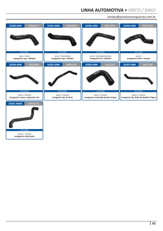 vendas@jamaicamangueiras.com.br
APLICAÇÃO APLICAÇÃO APLICAÇÃO APLICAÇÃO
APLICAÇÃO APLICAÇÃO APLICAÇÃO APLICAÇÃO
65
APLICAÇÃO
LINHA AUTOMOTIVA • IVECO / DAILY
10200-MM
10204-MM
10501-MME
10201-MM
10205-MM
10202-MM
10206-MM
10203-MM
10207-MM
93809147
93818968
93826070
93824282 93815303
99461491
93811591
4582224 4852226
DAILY 4912
mangueira sup. radiador
DAILY TODOS
mangueira reserv. expansão rad.
DAILY - IVECO
mangueira intercooler
DAILY 3510/4910
mangueira sup. radiador
DAILY TODOS
mangueira lig. do duto
DAILY 3510/4910/4912
mangueira inf. radiador
DAILY TODOS
mangueira ent/saída bomba d’água
DAILY
mangueira interc. tanque
DAILY TODOS
mangueira lig. dulto da bomba d’água
 