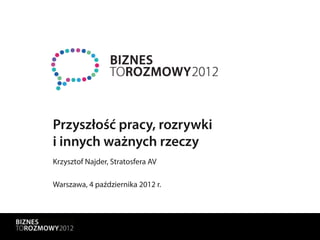 Przyszłość pracy, rozrywki
i innych ważnych rzeczy
Krzysztof Najder, Stratosfera AV

Warszawa, 4 października 2012 r.
 