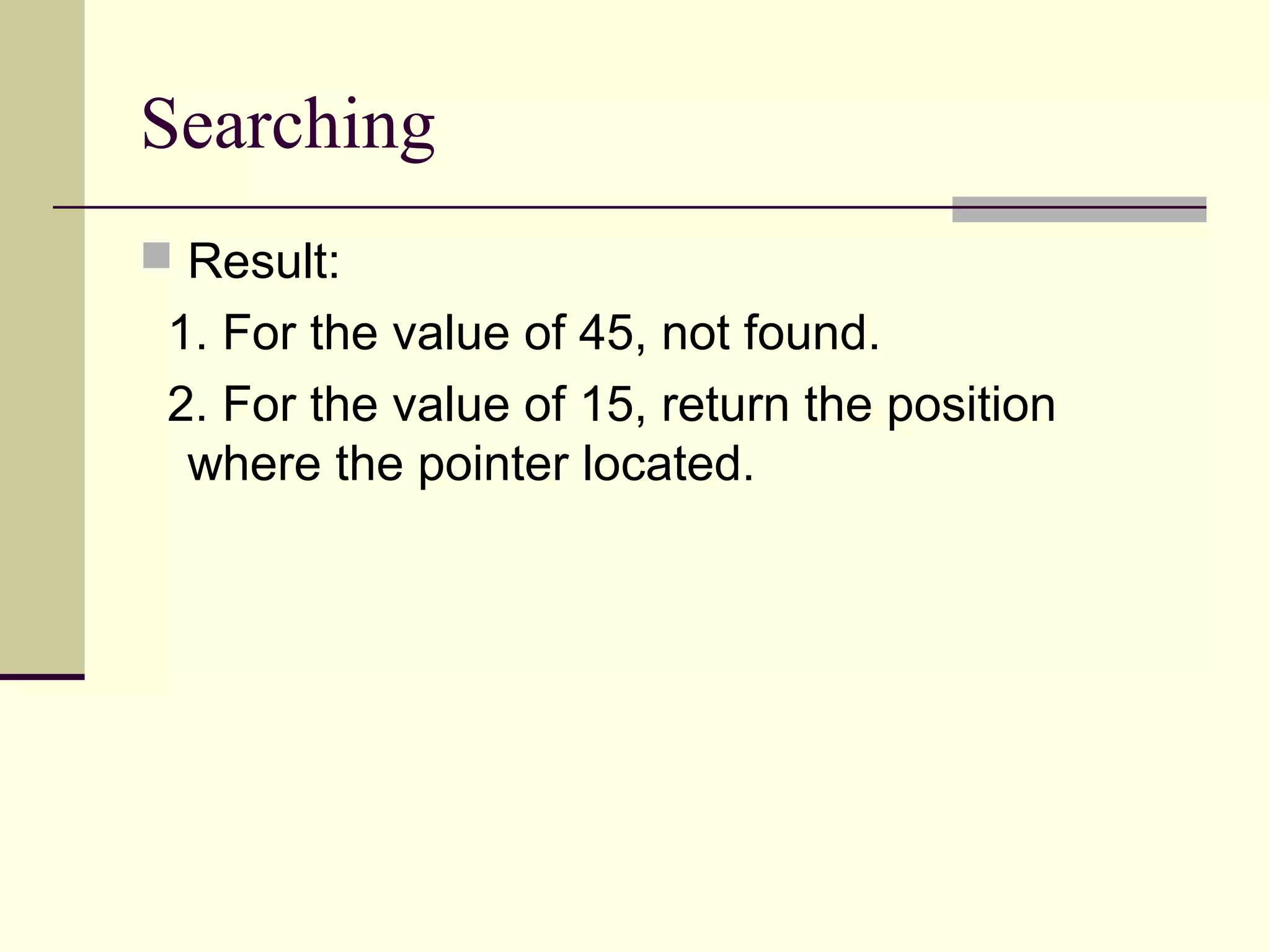 Searching
 Result:

1. For the value of 45, not found.
2. For the value of 15, return the position
where the pointer located.

 