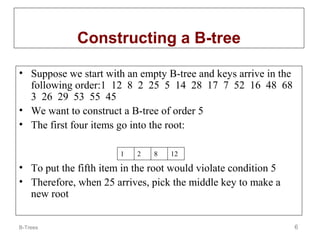 Constructing a B-tree
• Suppose we start with an empty B-tree and keys arrive in the
following order:1 12 8 2 25 5 14 28 17 7 52 16 48 68
3 26 29 53 55 45
• We want to construct a B-tree of order 5
• The first four items go into the root:
1

2

8

12

• To put the fifth item in the root would violate condition 5
• Therefore, when 25 arrives, pick the middle key to make a
new root
B-Trees

6

 