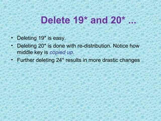 Delete 19* and 20* ...
• Deleting 19* is easy.
• Deleting 20* is done with re-distribution. Notice how
middle key is copied up.
• Further deleting 24* results in more drastic changes
 
