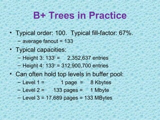 B+ Trees in Practice
• Typical order: 100. Typical fill-factor: 67%.
– average fanout = 133
• Typical capacities:
– Height 3: 1333
= 2,352,637 entries
– Height 4: 1334
= 312,900,700 entries
• Can often hold top levels in buffer pool:
– Level 1 = 1 page = 8 Kbytes
– Level 2 = 133 pages = 1 Mbyte
– Level 3 = 17,689 pages = 133 MBytes
 