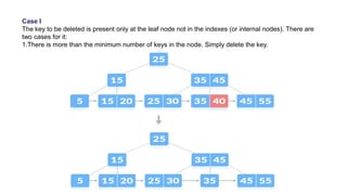 Case I
The key to be deleted is present only at the leaf node not in the indexes (or internal nodes). There are
two cases for it:
1.There is more than the minimum number of keys in the node. Simply delete the key.
 