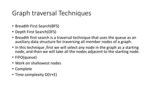 Graph traversal Techniques
• Breadth First Search(BFS)
• Depth First Search(DFS)
• Breadth first search is a traversal technique that uses the queue as an
auxiliary data structure for traversing all member nodes of a graph.
• In this technique ,first we will select any node in the graph as a starting
node, and then we will take all the nodes adjacent to the starting node.
• FIFO(queue)
• Work on shallowest nodes
• Complete
• Time complexity O(V+E)
 