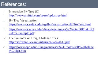 References:
I. Interactive B+ Tree (C)
http://www.amittai.com/prose/bplustree.html
II. B+ Tree Visualization
https://www.cs.usfca.edu/~galles/visualization/BPlusTree.html
III. https://www.cs.nmsu.edu/~hcao/teaching/cs582/note/DB2_4_Bpl
usTreeExample.pdf
IV. Lecture notes on Height balance trees
http://software.ucv.ro/~mburicea/lab6ASD.pdf
V. https://www.cpp.edu/~ftang/courses/CS241/notes/self%20balanc
e%20bst.htm
 
